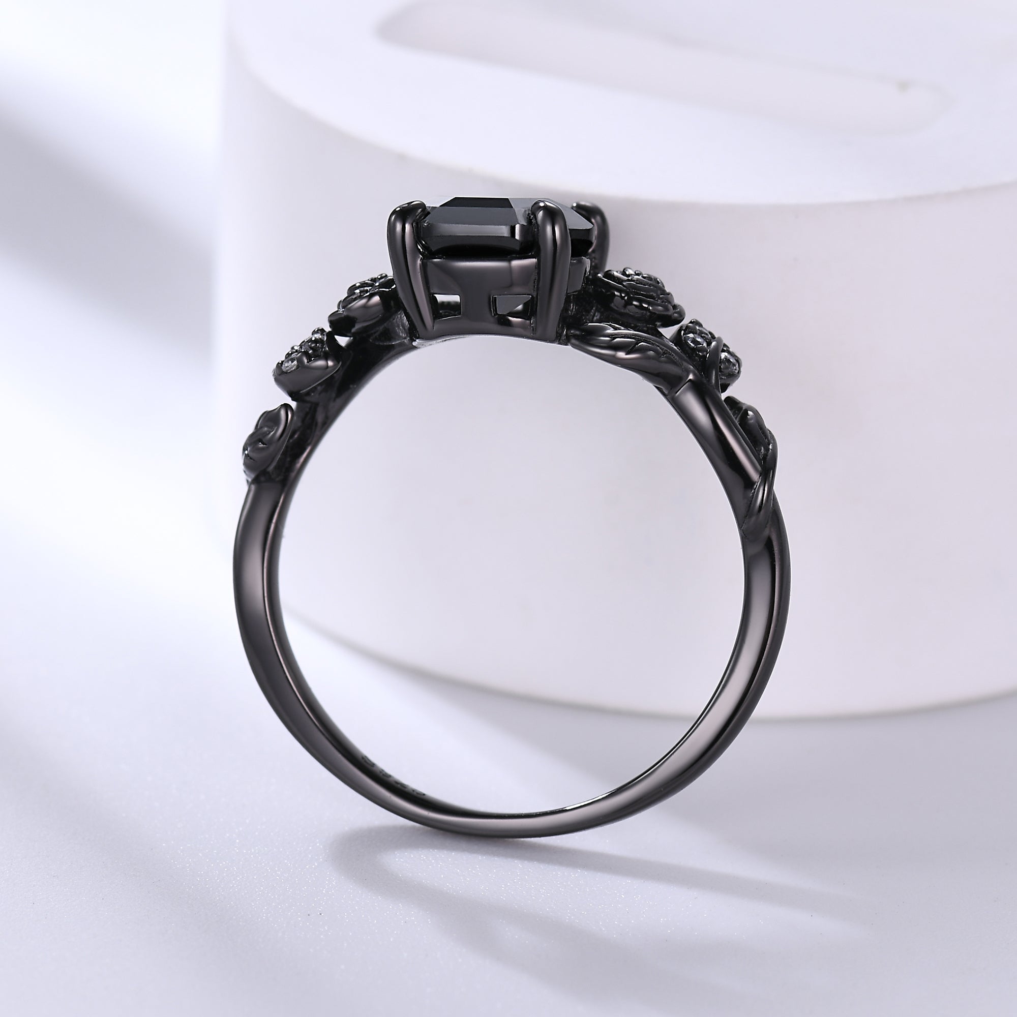 Black Onyx Coffin Gothic Engagement Ring - Unique Black Gold Flower Design for Women | Nature Inspired Alternative Wedding Band, Gothic Jewelry for Dark Romance & Vampire Themed Weddings