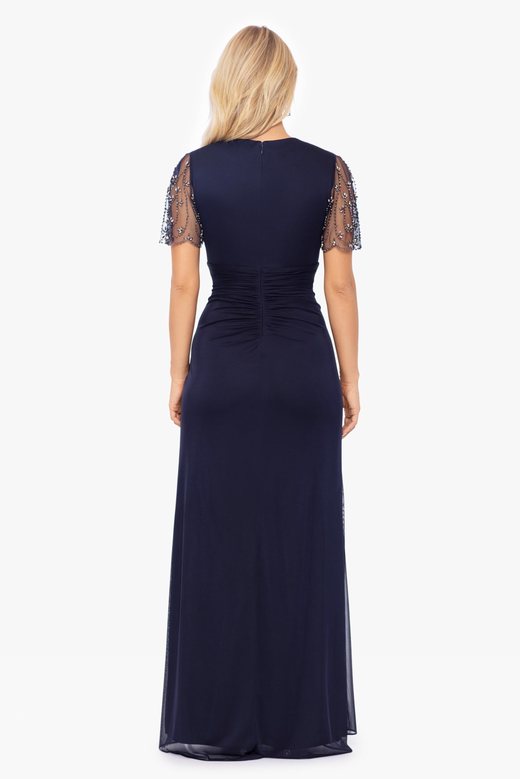 Xscape Women's Sheer Matte Jersey Maxi Dress with Beaded Sleeves & Side Ruching - Elegant Boho Chic Dress for Summer Beach Parties, Weddings & Special Occasions