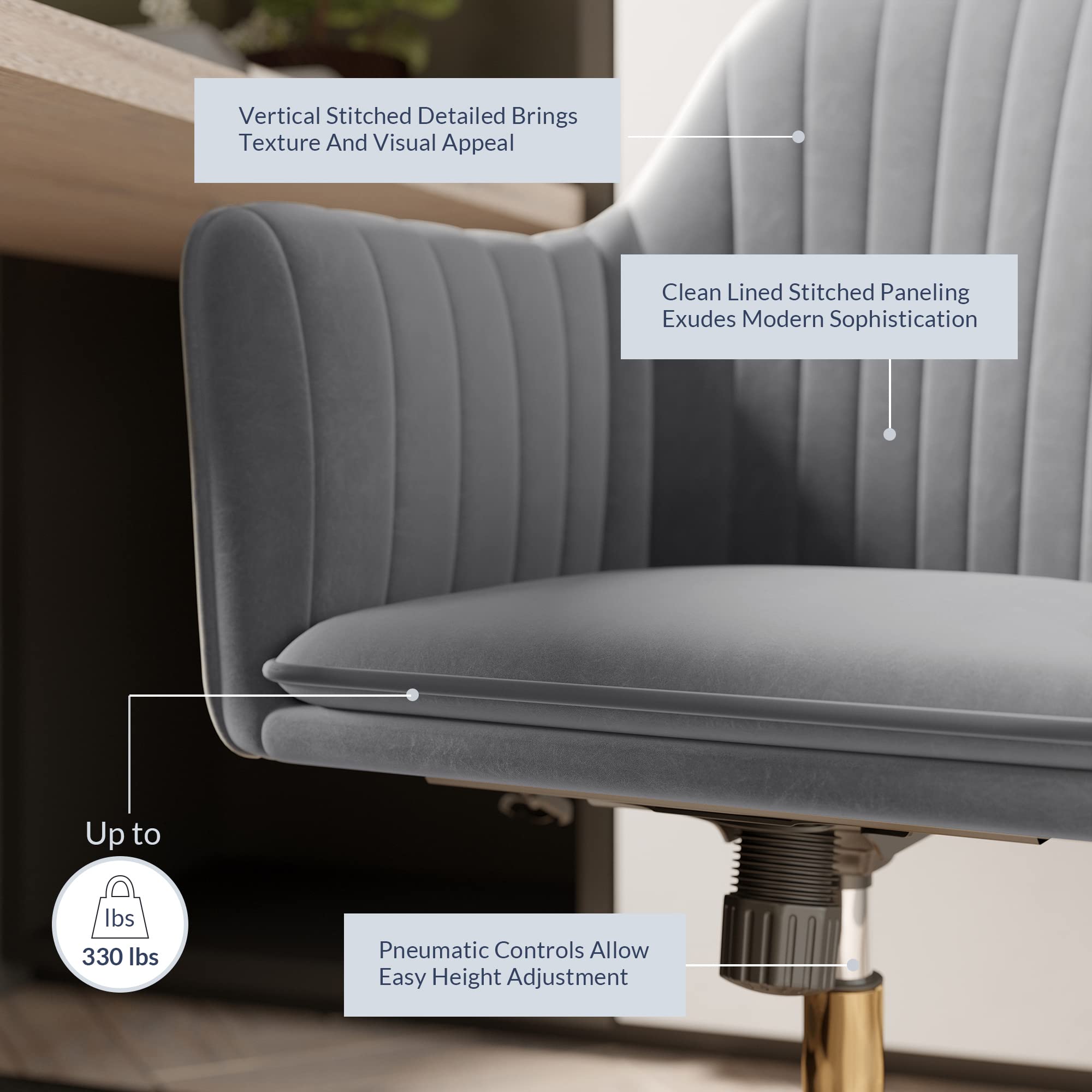 BELLEZE Modern Velvet Swivel Desk Chair with Adjustable Height - Gray & Gold Upholstered Office Chair, Rolling Vanity Armchair for Home & Workspace - Alayah Model - Perfect for Home Office, Study Room & Makeup Station