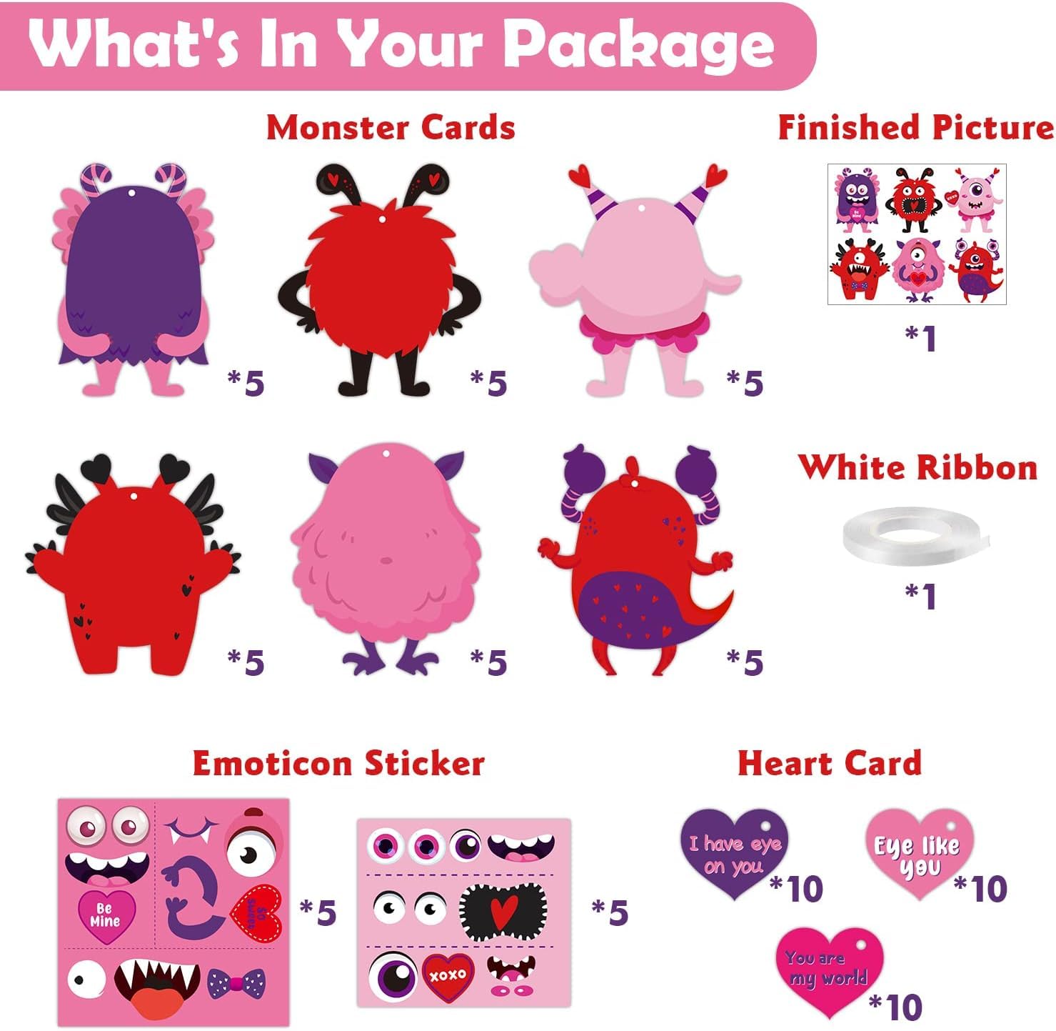 Haooryx 30Pcs DIY Monster Paper Craft Kit - Valentine's Day Hanging Ornaments, Gift Cards, Kids Art Supplies for Home Decor, Classroom Activities, Party Favors & Holiday Crafts