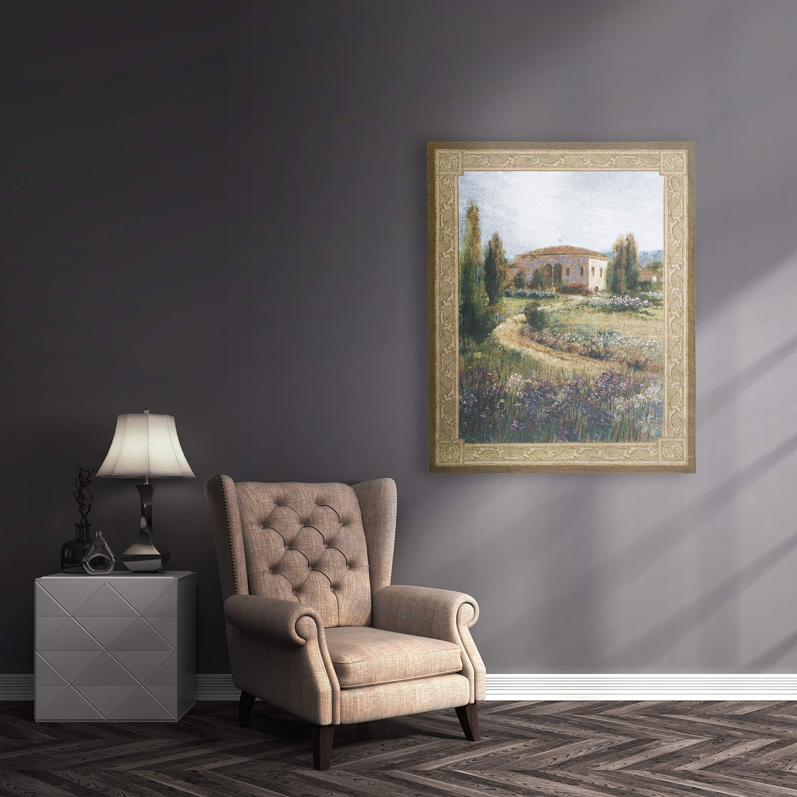 Morning in Spain Woven Tapestry Wall Art - Spanish Villa Path Lavender Meadow Landscape - 100% Cotton Hanging Decor 53x40 Inches - Perfect for Living Room, Bedroom & Boho Home Decor