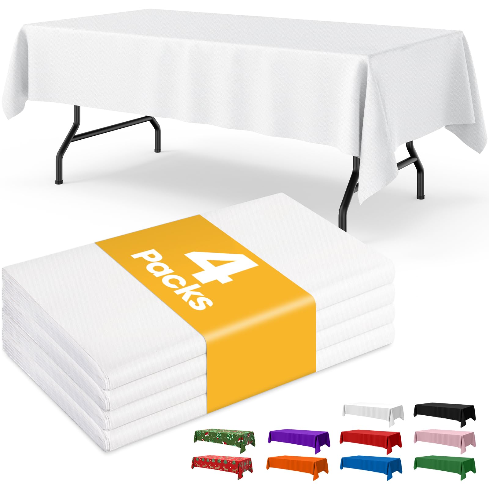 White Plastic Tablecloth 4 Pack – 54''×108'' Rectangle Disposable Table Cover for 6ft Tables | Perfect for Holiday Parties, Family Gatherings, Picnics & Outdoor Events