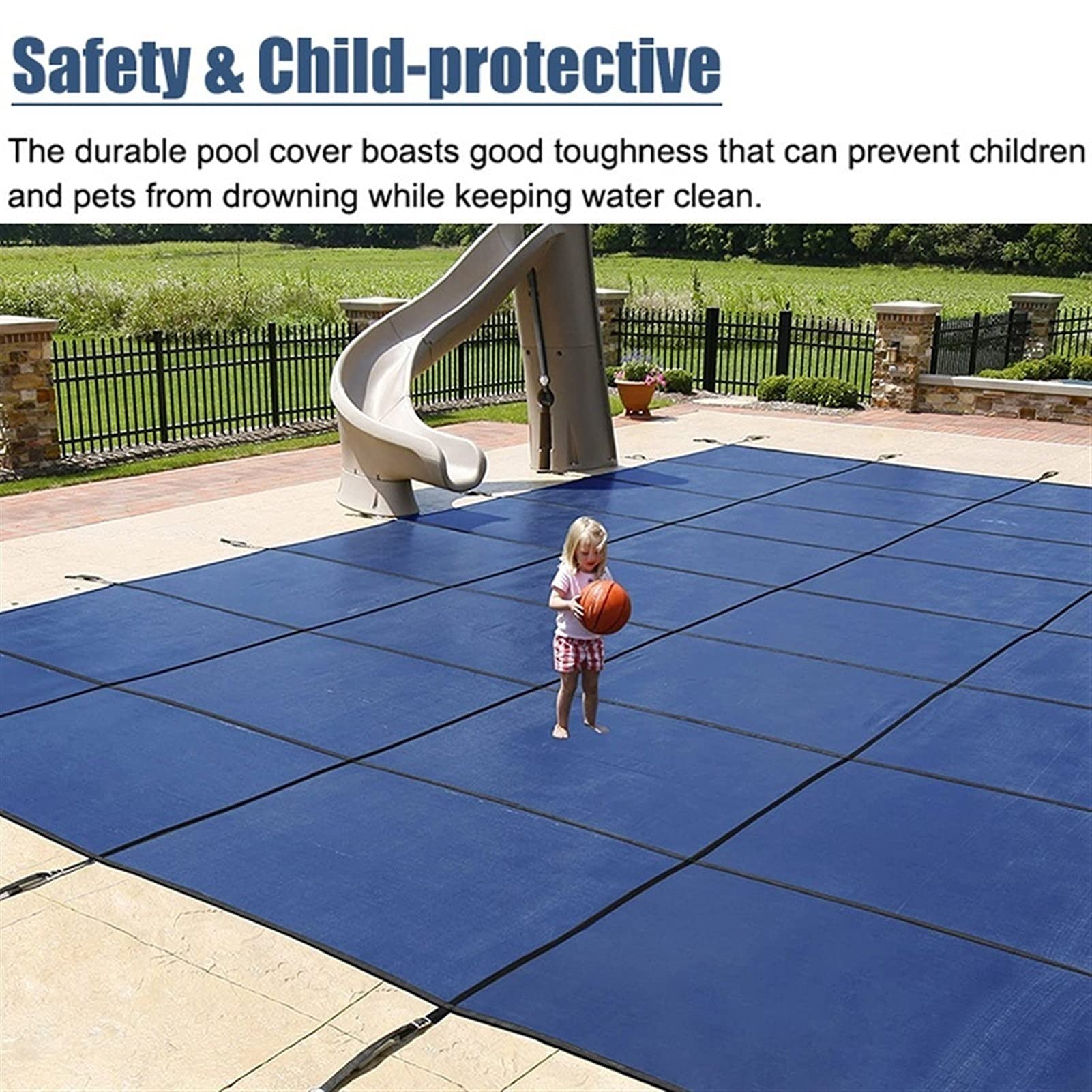 **Heavy-Duty Inground Swimming Pool Safety Cover - Winter Pool Cover with Brass Anchors & Stainless Steel Springs - Blue Mesh Design (5ft x 6ft, 150cm x 200cm) - Durable Protection for All Seasons - Perfect for Winter Storage & Year-Round Safety**