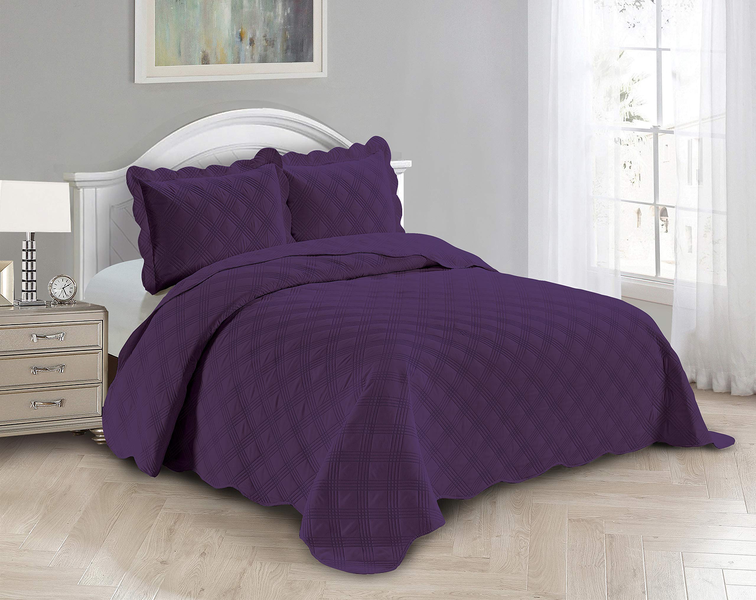 Luxury 3-Piece Linen Bedspread Set - King/California King Size Embossed Square Pattern Modern Bed Cover - Soft Purple Quilted Bedding for Master Bedroom & Guest Room Decor