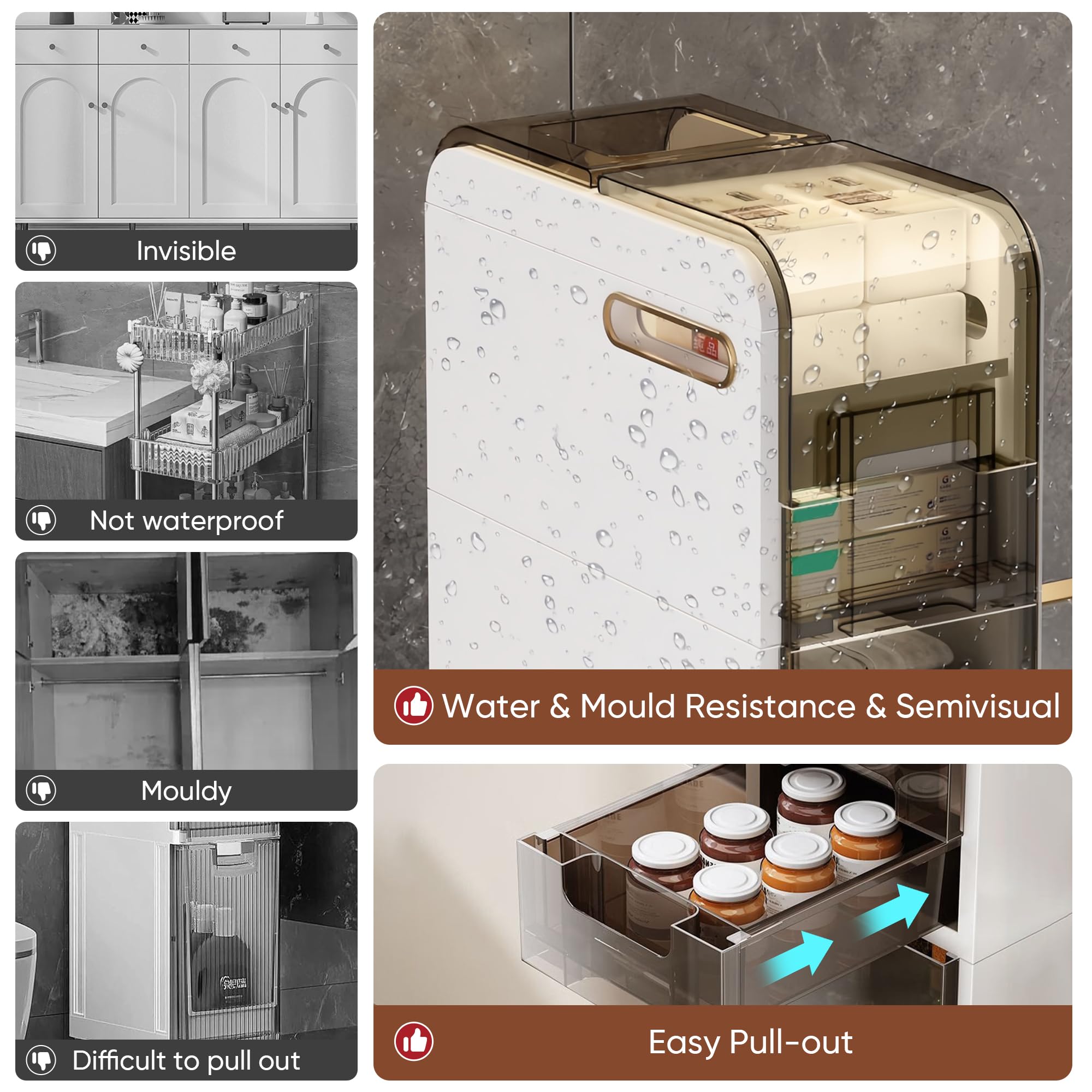 3-Tier Slim Bathroom Storage Cabinet with Drawers & Toilet Paper Holder - Waterproof Plastic Narrow Organizer for Small Spaces, Kitchen, Laundry Room, Living Room - Perfect for Bathroom Essentials, Towels & Toiletries Storage