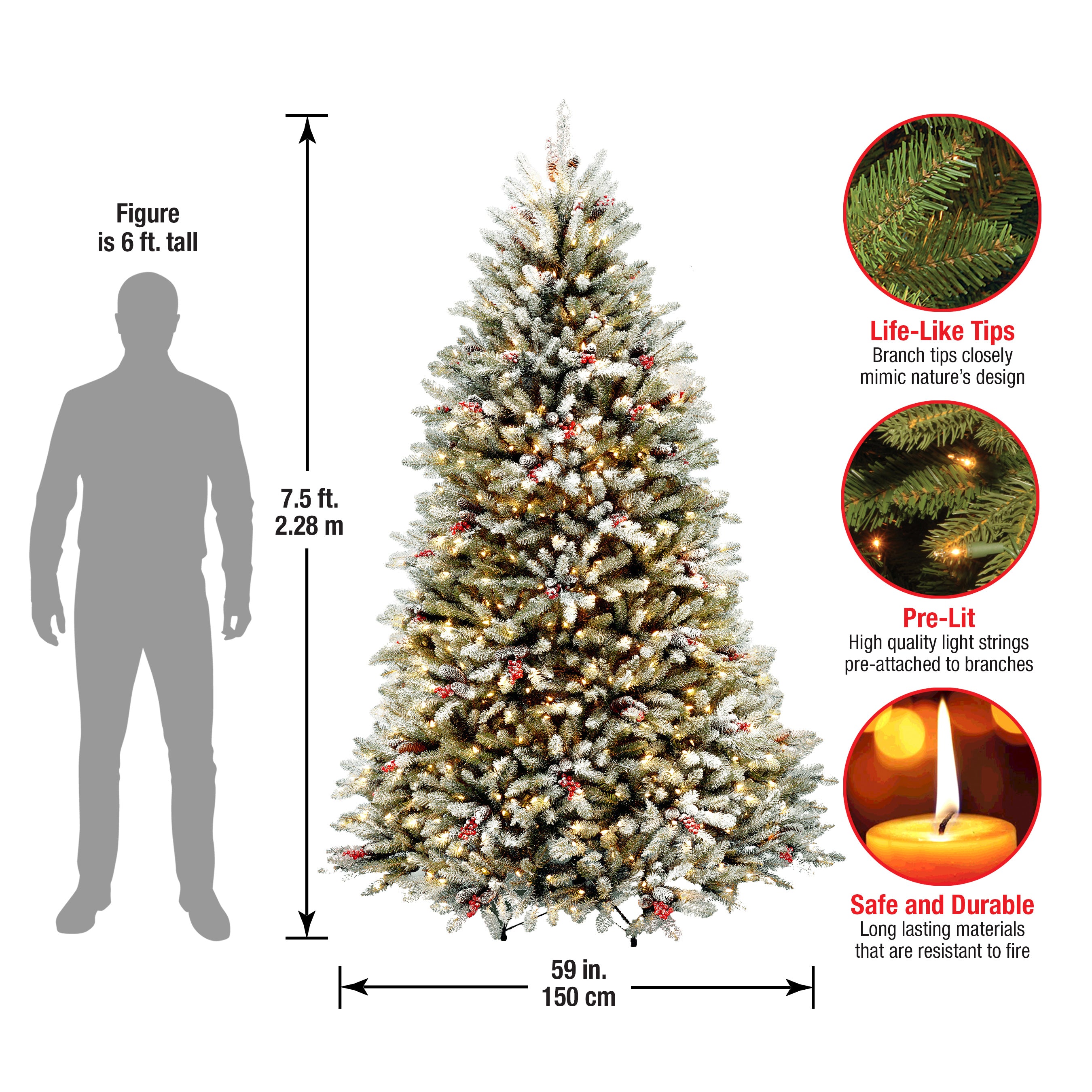 7.5 ft Pre-Lit Dunhill Fir Flocked Artificial Christmas Tree with 750 Clear LED Lights - Perfect for Holiday Home Decor, Living Room, Office & Party Decoration
