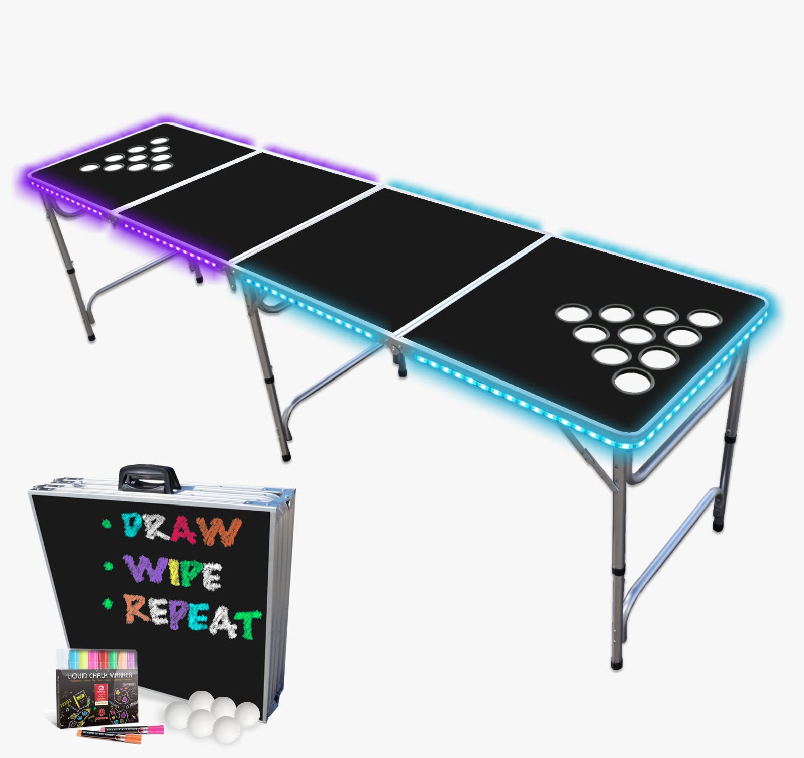 PartyPong 8-Foot Black Dry Erase Beer Pong Table with Cup Holes, LED Glow Lights, Erasable Markers & Pong Balls - Perfect for College Parties, Tailgating, and Backyard Games