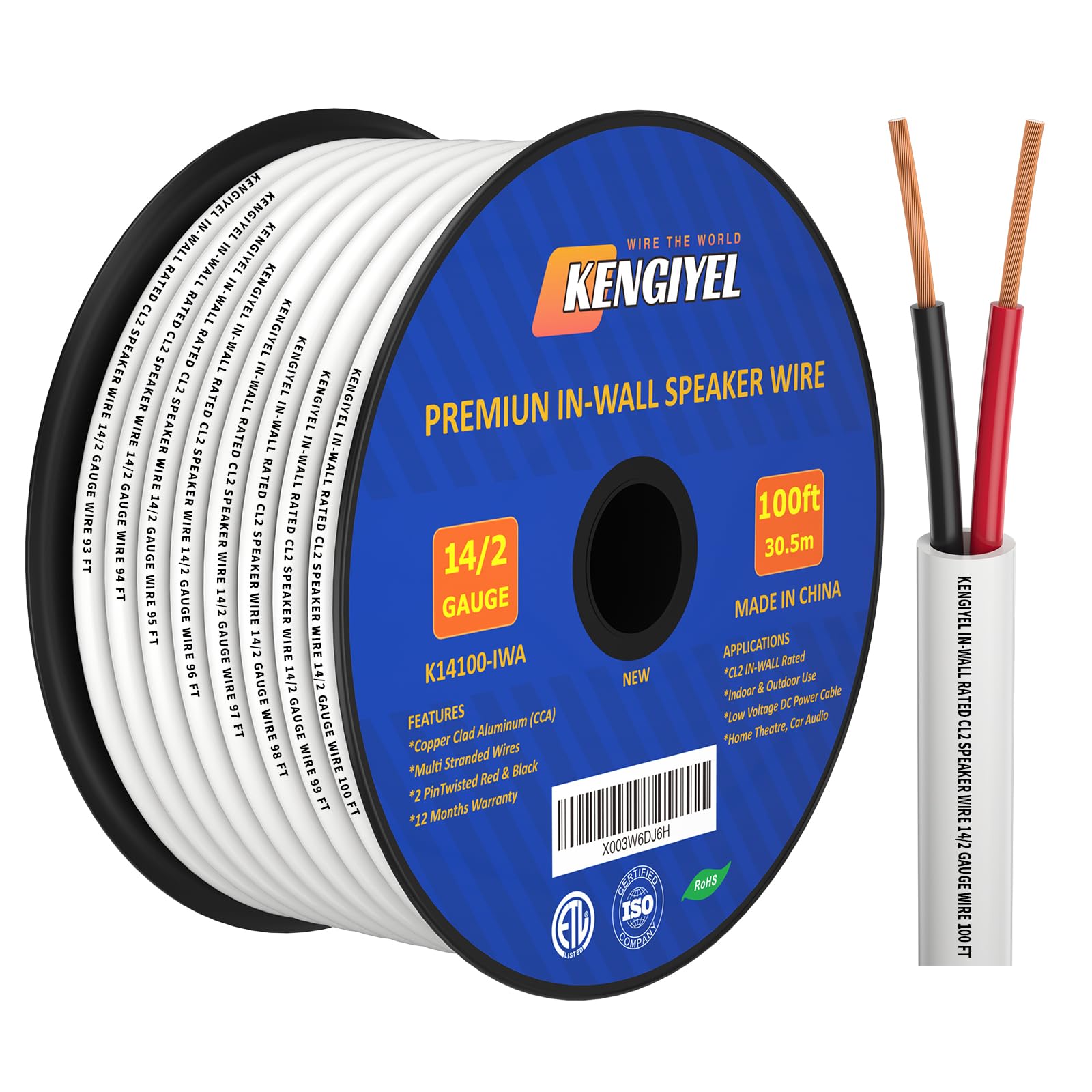 14AWG 100ft Speaker Wire - CL2/CL3 Fire-Rated In-Wall Audio Cable - 14/2 Gauge CCA (Copper Clad Aluminum) for Home Theater, Surround Sound & Professional Audio Installations