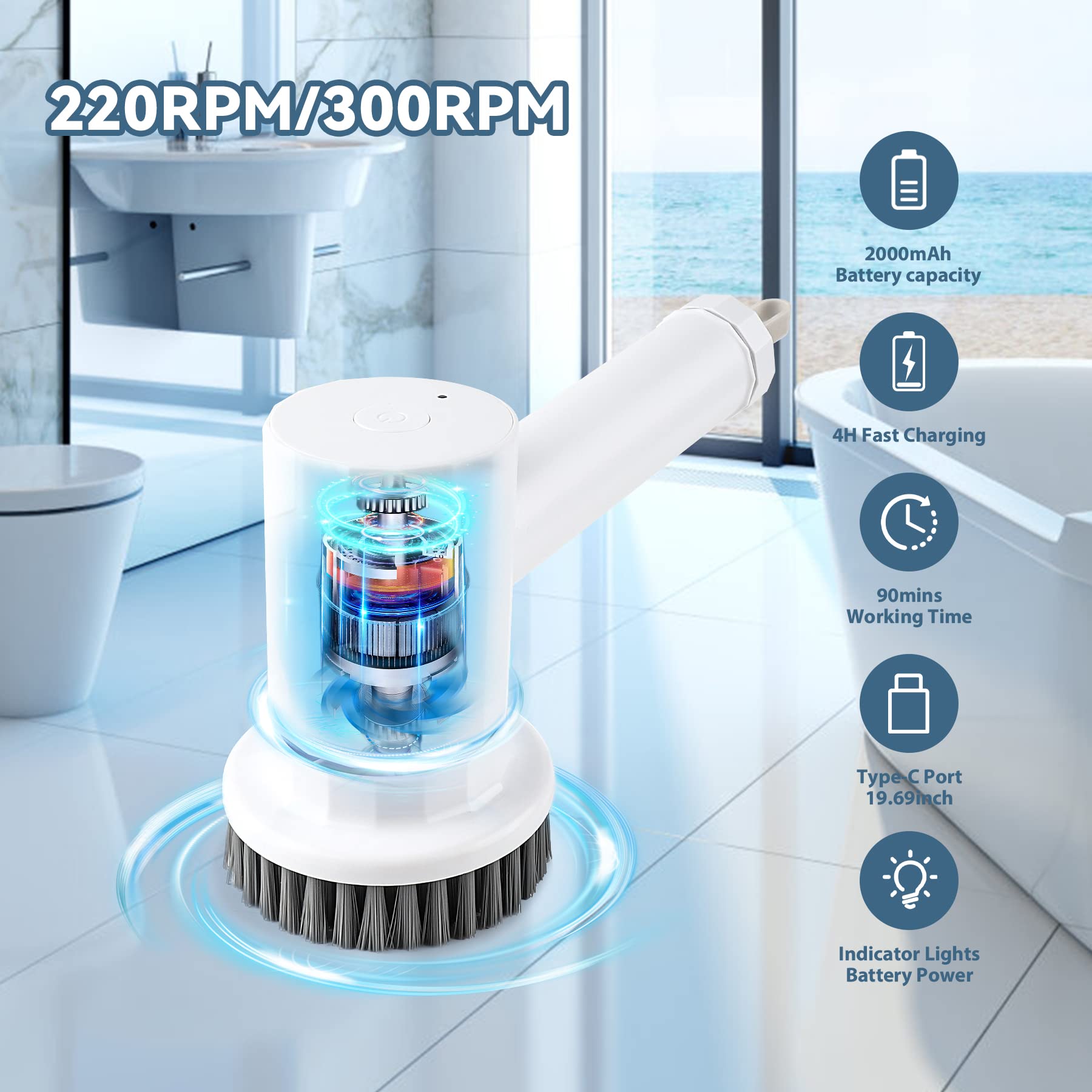 Electric Spin Scrubber Cordless - 4 Replaceable Brush Heads & 2 Speed Settings - Power Cleaning Brush for Bathroom, Kitchen, Tile, Grout, Sink, Tub, Window, Floor - Ideal for Deep Cleaning Stubborn Stains in Hard-to-Reach Areas (White)