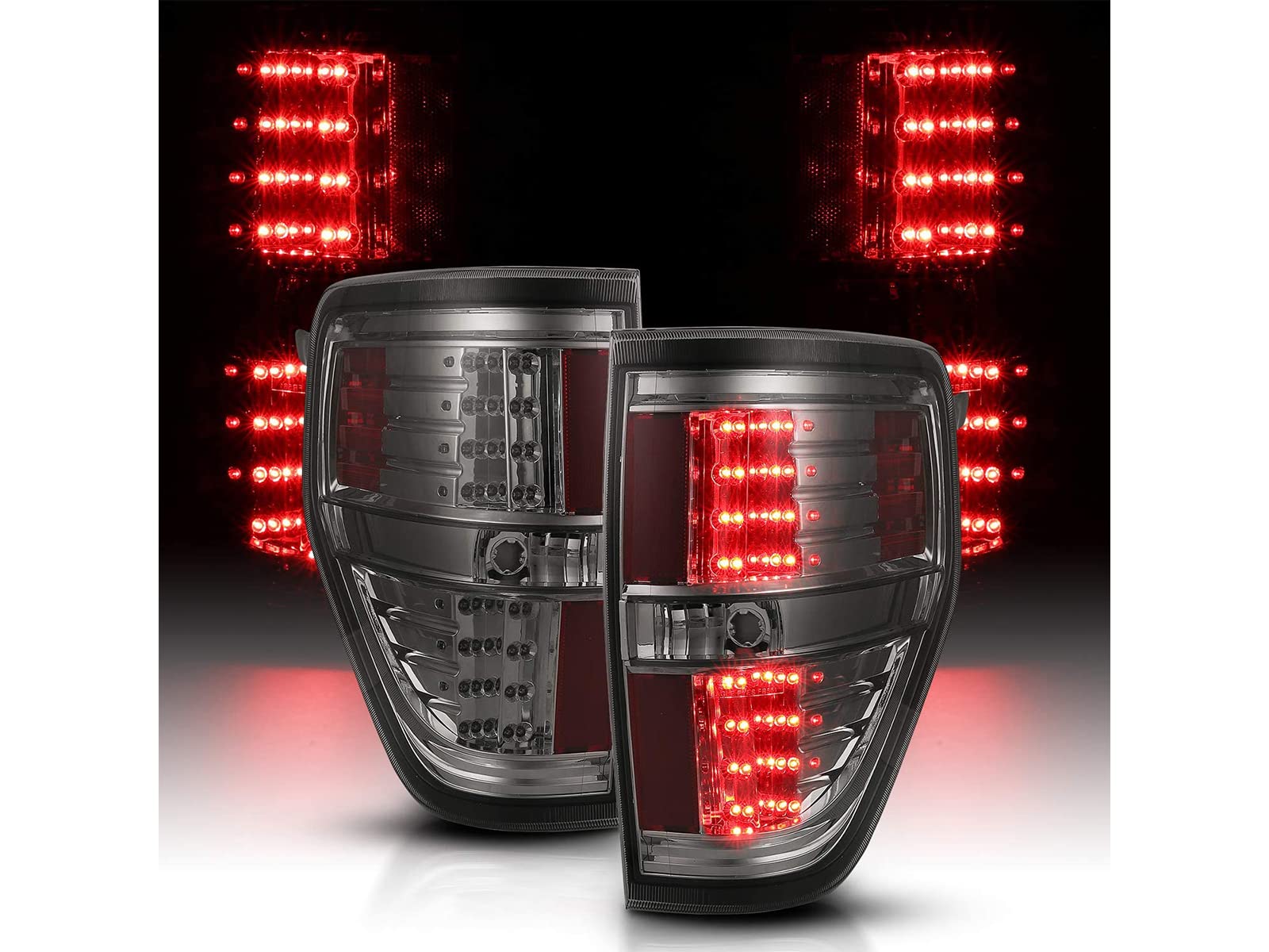 AmeriLite LED Smoke Brake Tail Lights Replacement Set for 2009-2014 Ford F-150 - Left & Right Side - Enhanced Visibility & Style for Night Driving & Off-Road Adventures