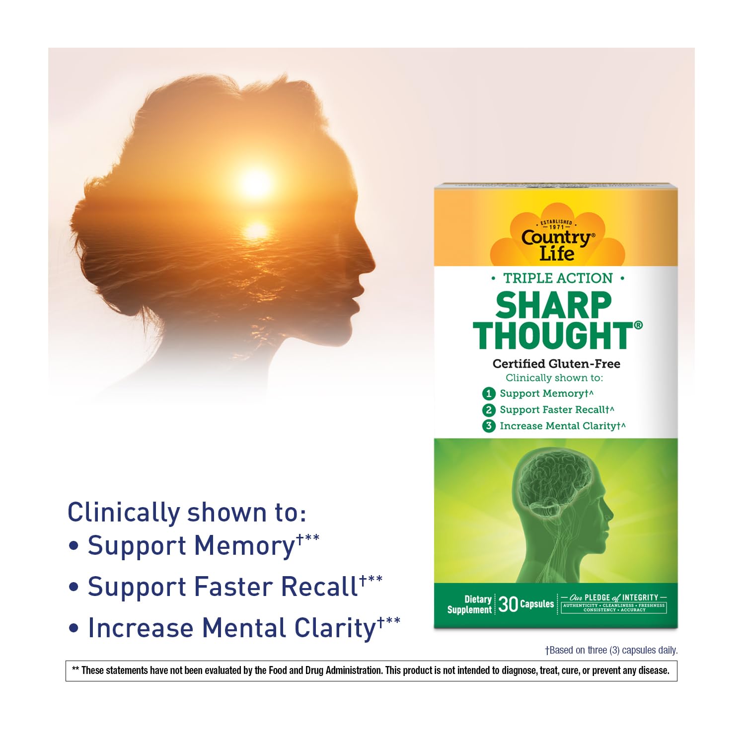 Country Life Sharp Thought 30 Capsules - Certified Gluten Free Brain Supplement for Memory & Focus - Supports Mental Clarity for Students & Professionals