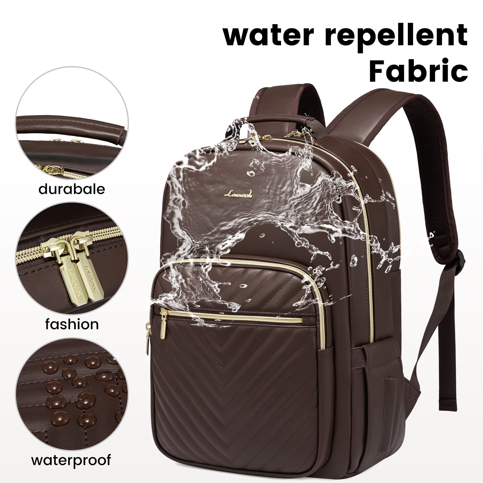 LOVEVOOK Women's Leather Laptop Backpack - Stylish Large Capacity Travel Bag, Waterproof Work Backpack with USB Port, Fits 15.6 Inch Laptop - Perfect for Office, College, Commuting & Weekend Getaways (Coffee)