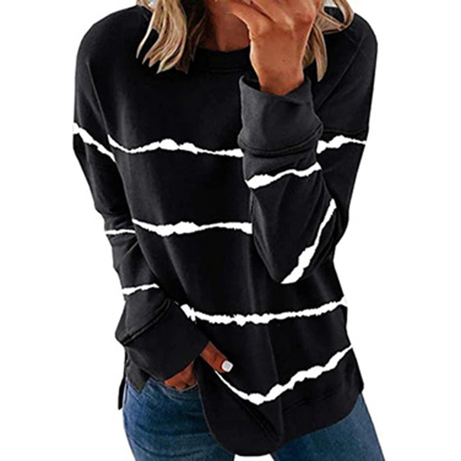 Ruziyoog Women's Long Sleeve Crewneck Striped T-Shirt - Loose Fit Casual Blouse for Fall | Lightweight Comfortable Top for Everyday Wear, Office & Outings