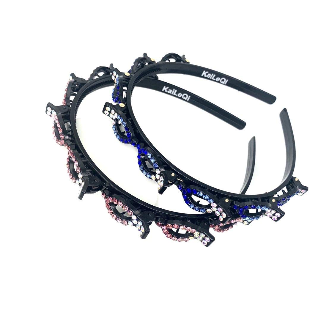 Rhinestone Hair Bands for Women & Girls – Double Bangs Hair Accessories, Korean Braided Headbands with Clips, Twist Headbands for Styling – Perfect for Parties, Weddings & Everyday Fashion