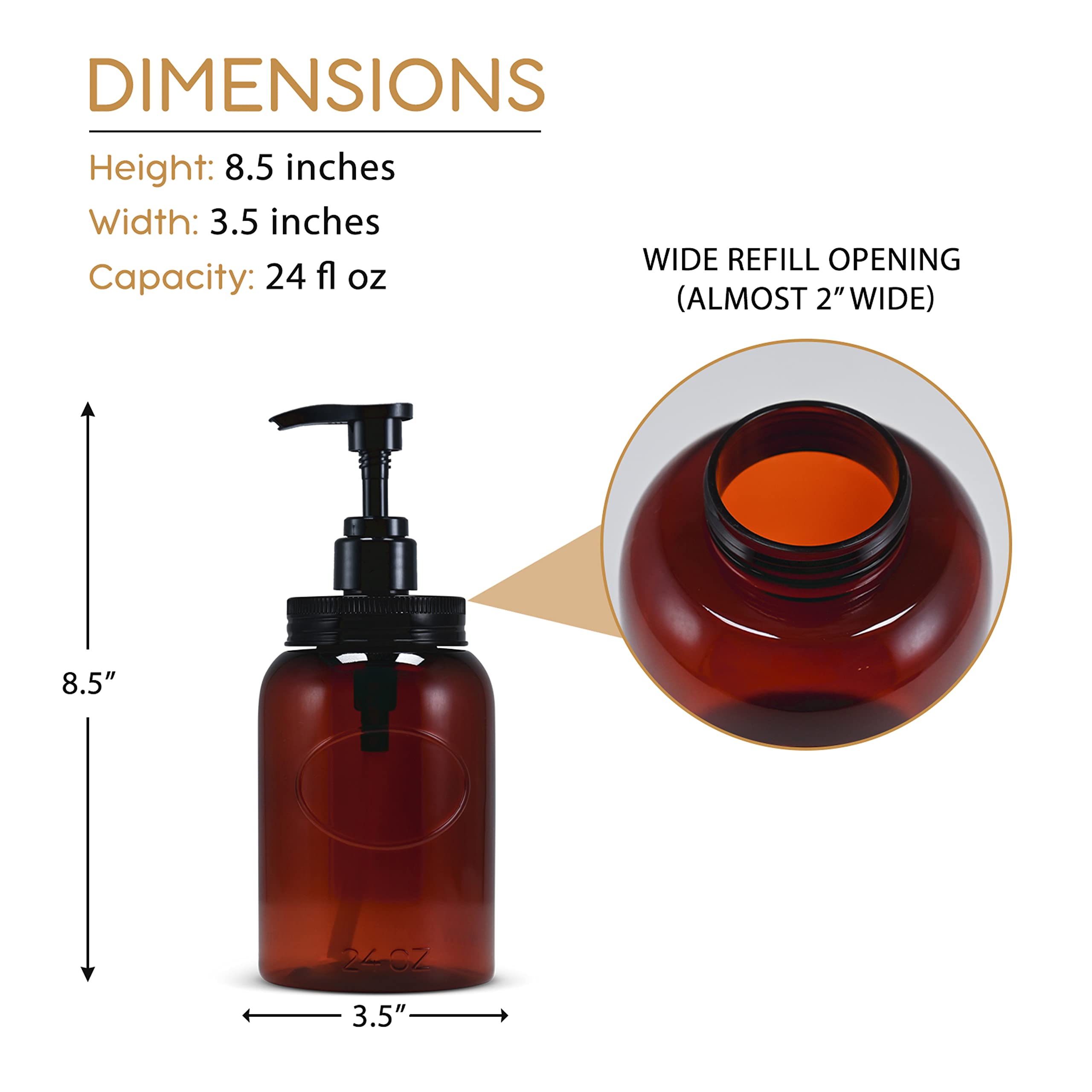 Bottiful Home - Set of 4 Amber 24oz Wide Mouth Plastic Refillable Pump Dispenser Bottles for Shampoo, Conditioner, Body Wash, Lotion & Dish Soap | Leak-Proof & Durable | Perfect for Bathroom, Kitchen & Laundry Organization