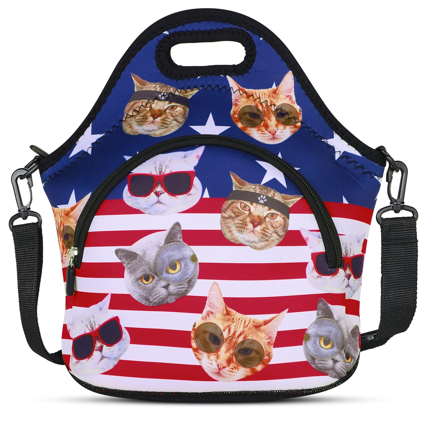 Violet Mist Neoprene Lunch Bag with US Flag Design - Large Insulated Waterproof Lunch Tote for Adults | Adjustable Shoulder Strap & Storage Pocket | Reusable Thermal Bento Box for Work, Picnic, Office & Outdoor Activities | Perfect Lunch Container Gift Idea