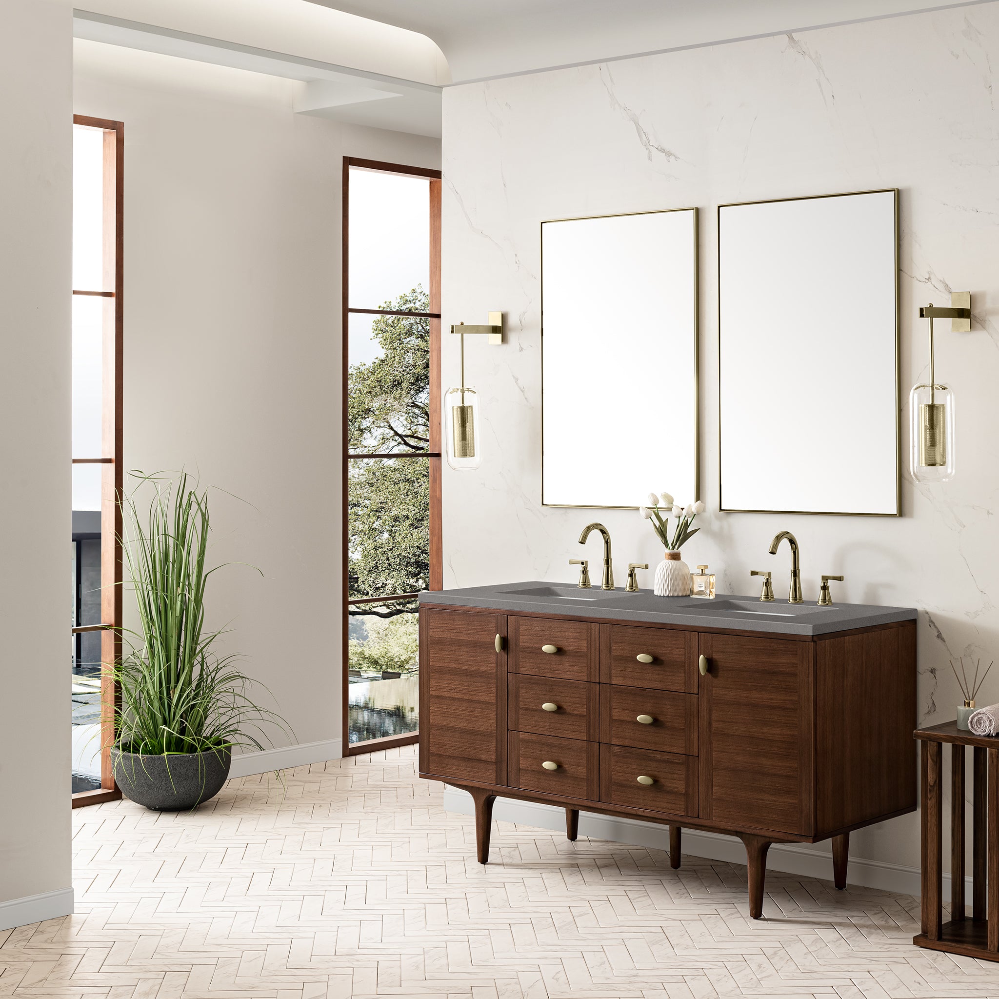 Amberly 60 Inch Double Bathroom Vanity with Mid-Century Walnut Finish & 3CM Grey Expo Top - Perfect for Modern Master Bathrooms and Guest Suites