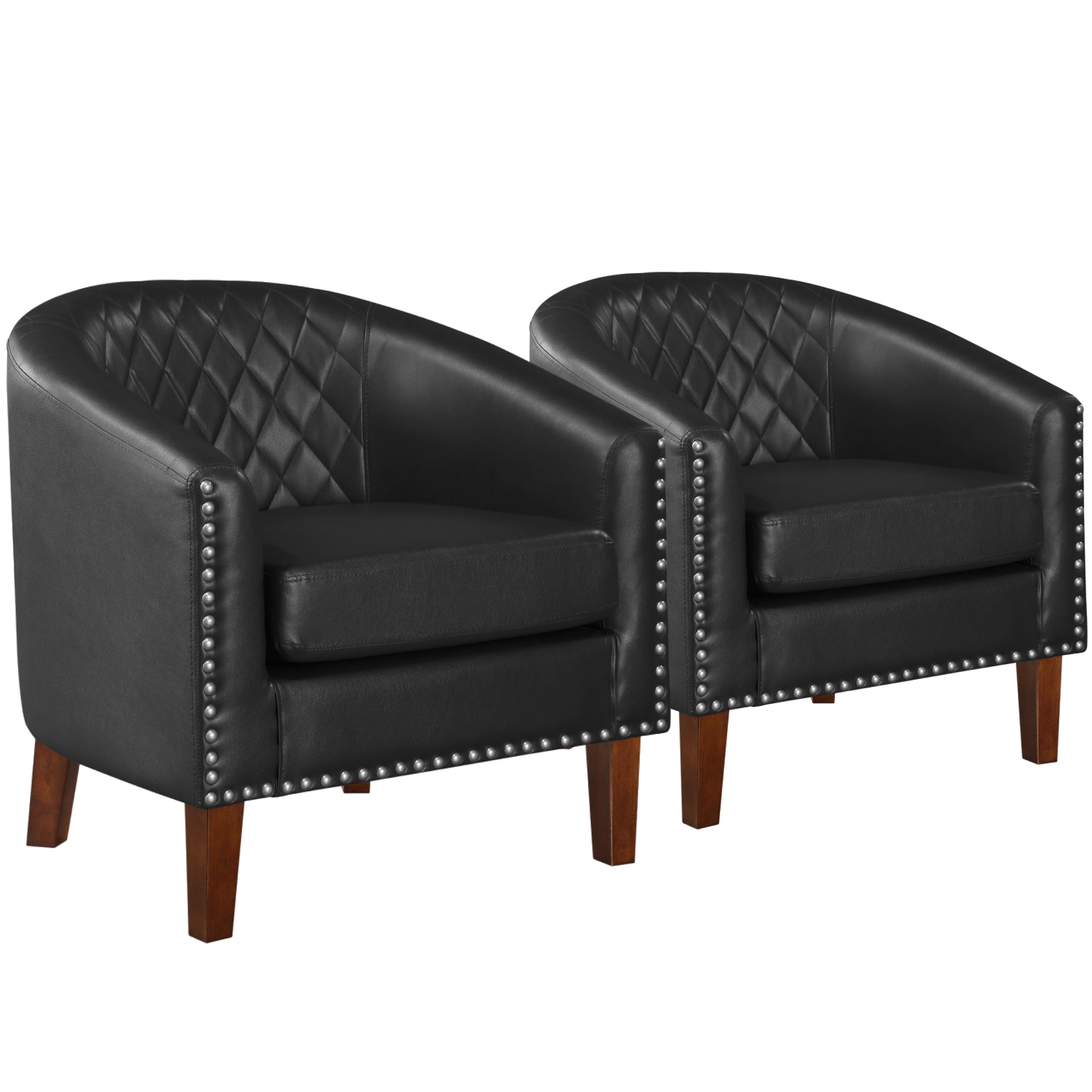 Premium Faux Leather Barrel Accent Chair Set of 2 - Modern Living Room Club Chairs with Diamond Grid Backrest, Cushion & Nailhead Trim - Comfortable Seating for Office, Bedroom, Waiting Room & Home Decor - Black (Perfect for Guest Seating, Lounge Areas & Stylish Interior Design)
