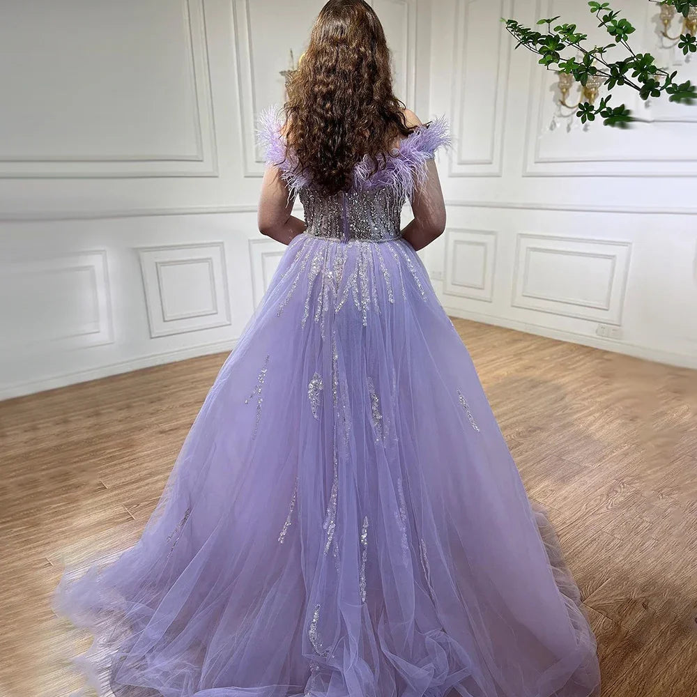 Serene Hill Blue Diamond Feather Mermaid Elegant Evening Dress with Overskirt - Women's Formal Gown for Wedding, Prom & Special Occasions | LA72061