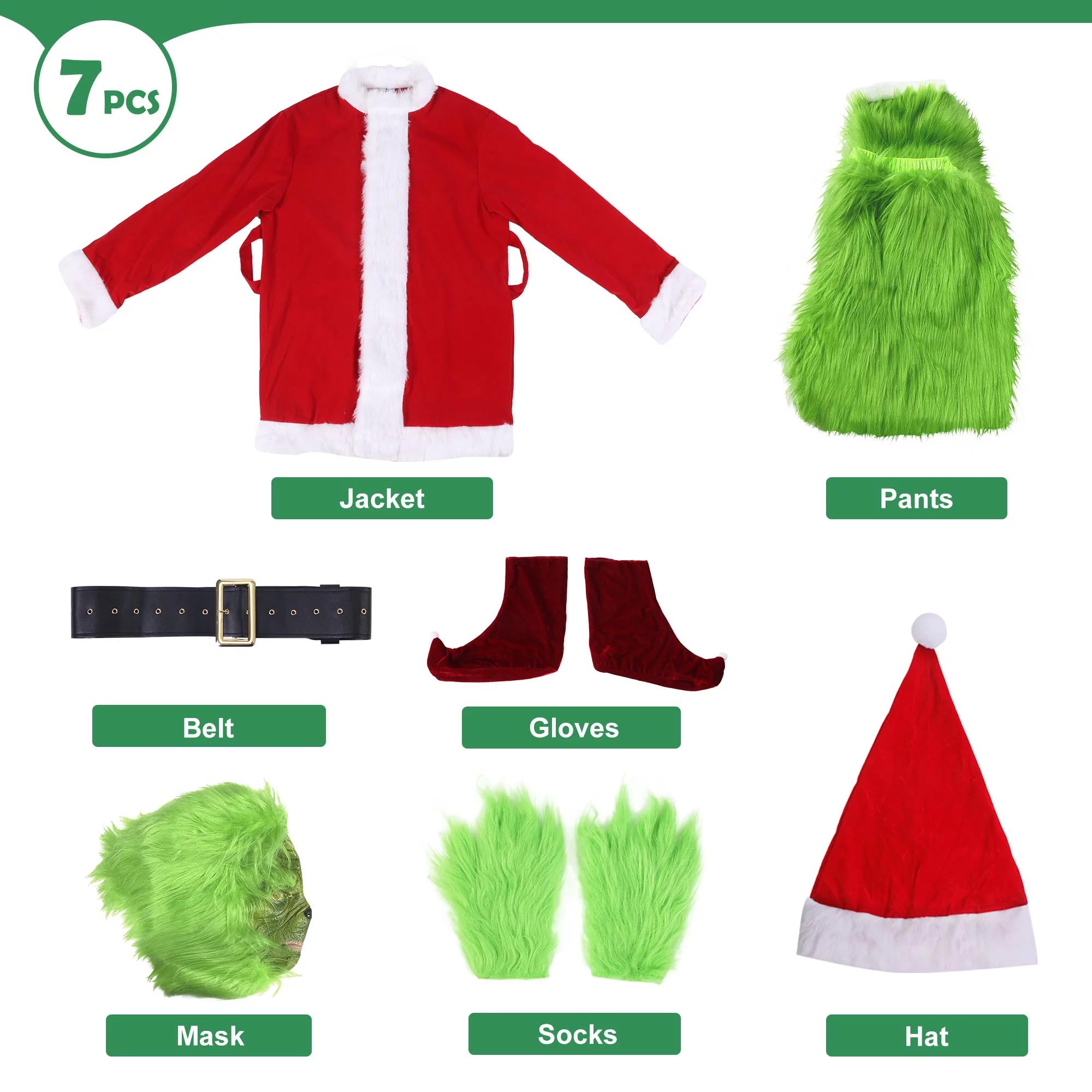 Deluxe 7-Piece Green Christmas Monster Santa Costume Set with Mask - Funny Adult Cosplay Outfit for Halloween, Christmas Parties & Themed Events