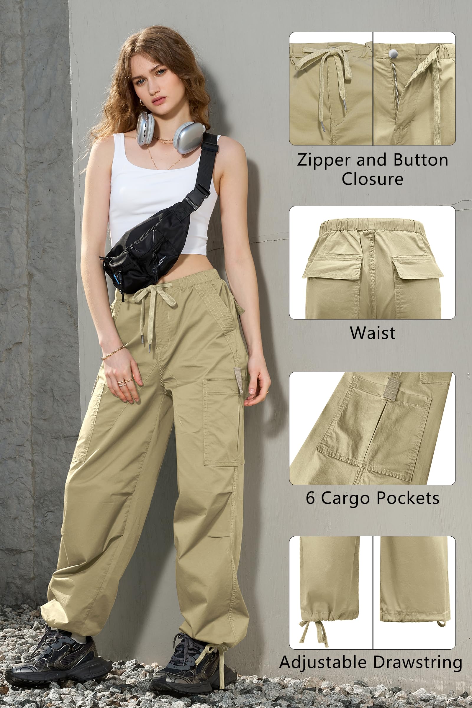 IVIR Women's Cargo Pants - High Waisted Baggy Parachute Pants with 6 Pockets | Y2K Streetwear Joggers for Casual Wear, Outdoor Activities & Urban Fashion