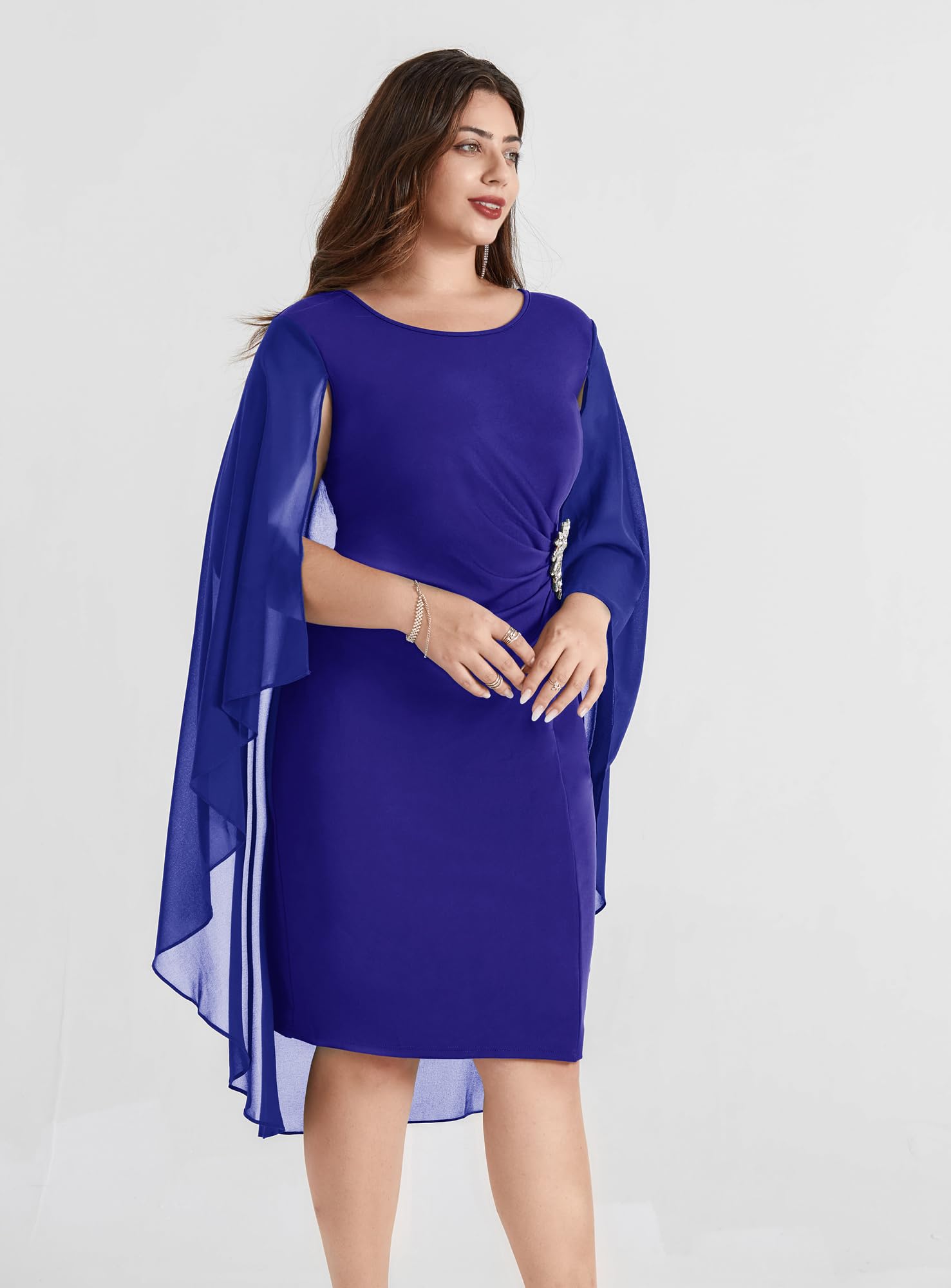 Hanna Nikole Women's Plus Size Chiffon Cape Dress - Crew Neck Ruched Bodycon Cocktail Pencil Dress for Wedding Guest, Party & Special Occasions