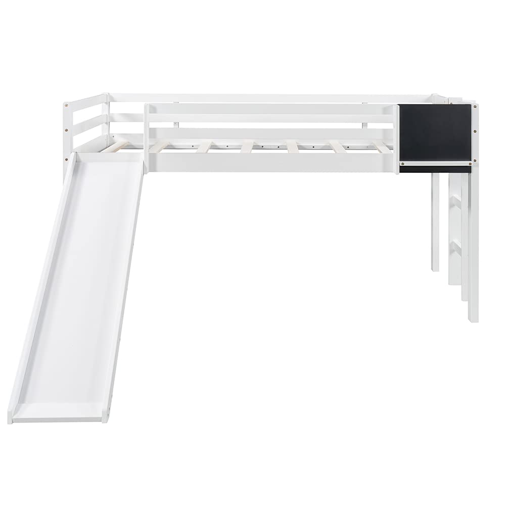 Low Loft Bed Twin Size - Pinewood Bed Frame with Convertible Slide, Chalkboard, Ladder & Guardrails - Under-Bed Storage Space - White - Perfect for Kids' Bedrooms, Small Spaces & Dorm Rooms