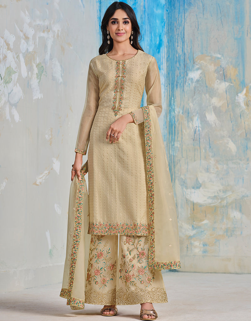 Beige Soft Organza Satin Straight Leg Pants for Women - Elegant Office Wear & Evening Party Outfits