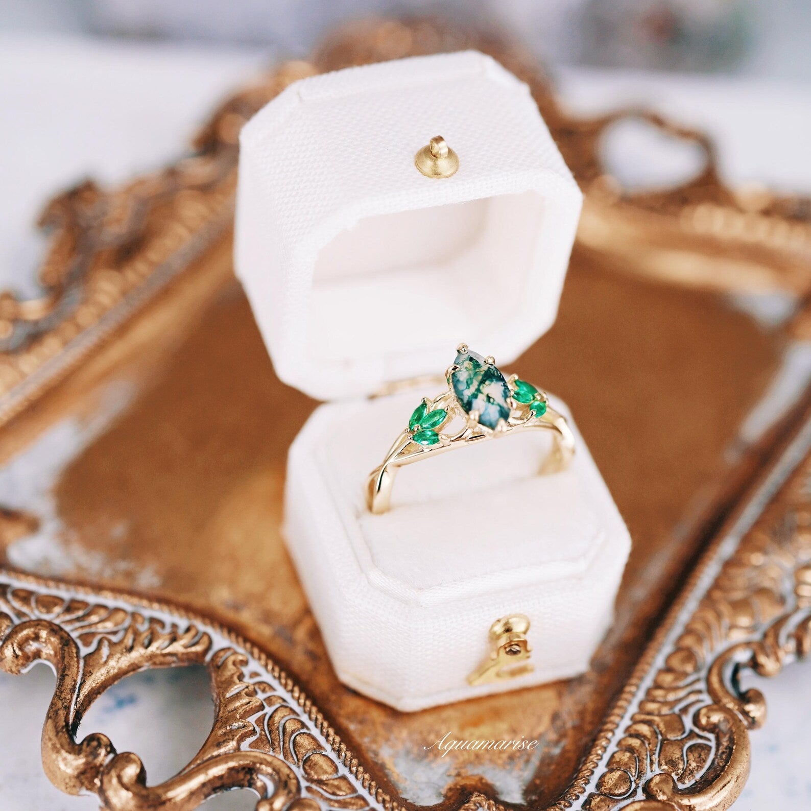 14K Yellow Gold Moss Agate & Emerald Celtic Knot Ring - Handmade Irish Jewelry for Women, Wedding, Anniversary & Spiritual Gifts