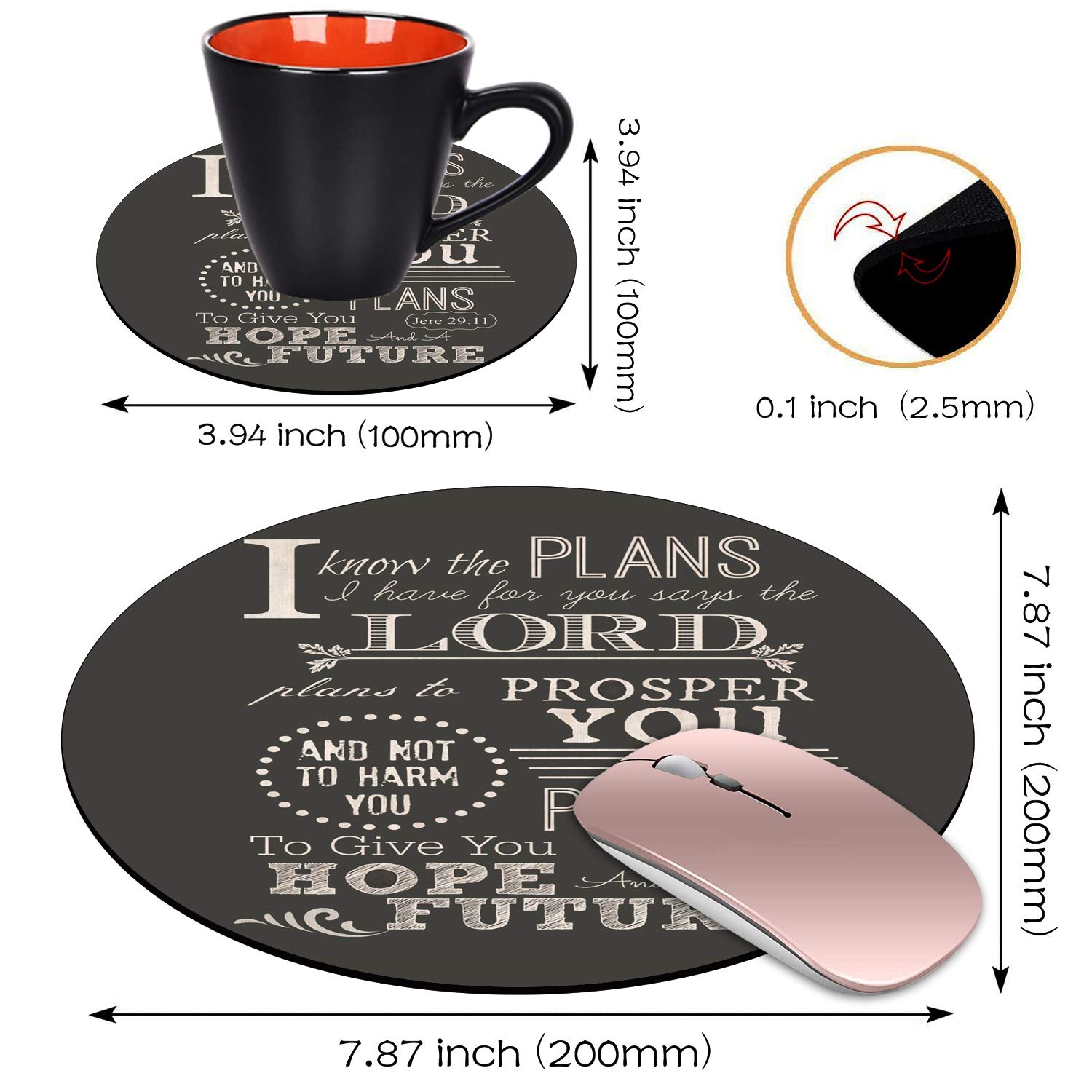 Non-Slip Round Mouse Pad with Coasters Set - Inspirational Bible Verse Jeremiah 29:11 Design for Computer & Laptop - Perfect for Office, Gaming & Home Workspace Decor