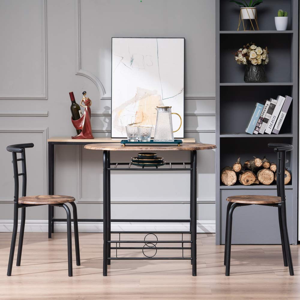 3-Piece Compact Kitchen Table Set with Wine Rack - Dark Brown Dining Table & 2 Metal Frame Chairs - Easy to Clean, Portable & Space-Saving - Perfect for Small Apartments, Breakfast Nooks & Outdoor Dining