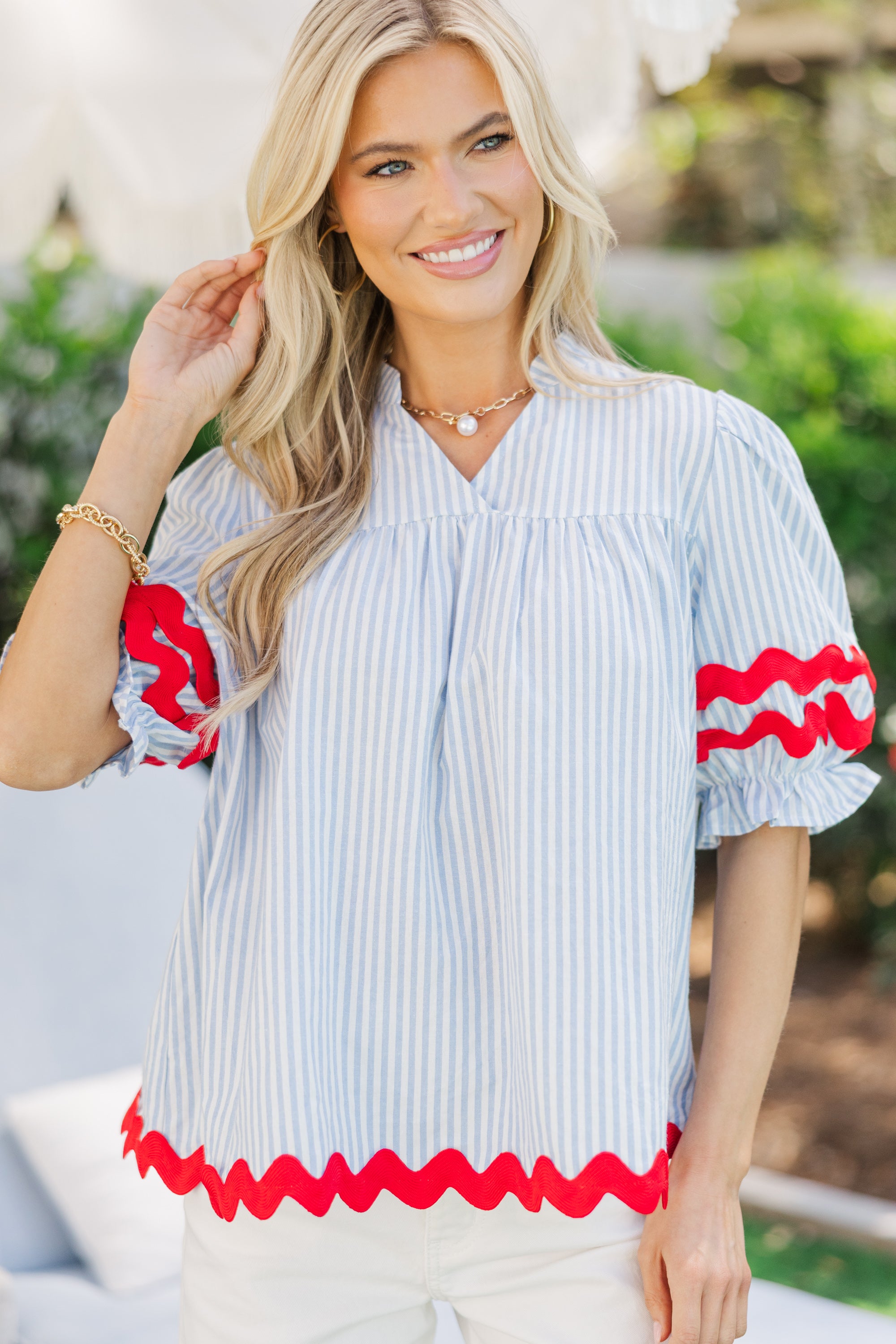 Light Blue Striped Blouse - Women's Fashion Top for Casual & Office Wear | Perfect for Spring Outfits and Work Attire