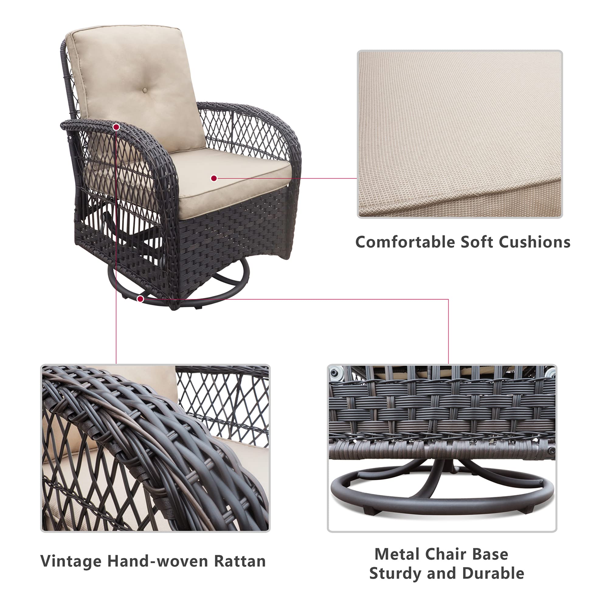 Premium 360° Swivel Wicker Rocker Patio Chairs Set of 3 with Coffee Table & Cushion - Indoor/Outdoor Rattan Bistro Furniture for Porch, Garden & Backyard Relaxation