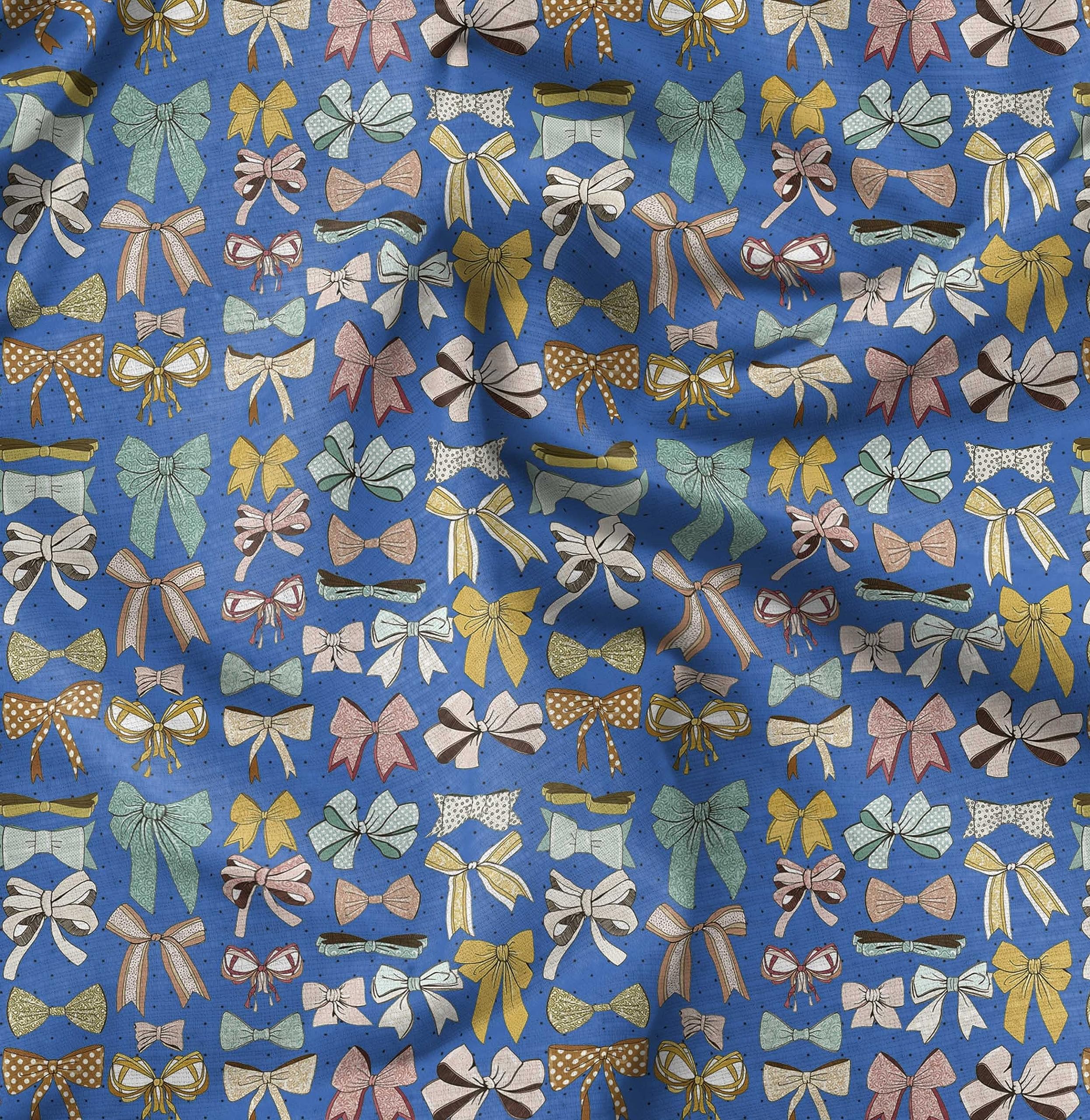 Soimoi Moss Georgette Blue Fabric by The Yard - 42 Inch Wide Printed Fabric with Multi Bow & Dots Pattern - Lightweight Fashion & Home Decor Material for Dresses, Curtains, DIY Crafts and Sewing Projects