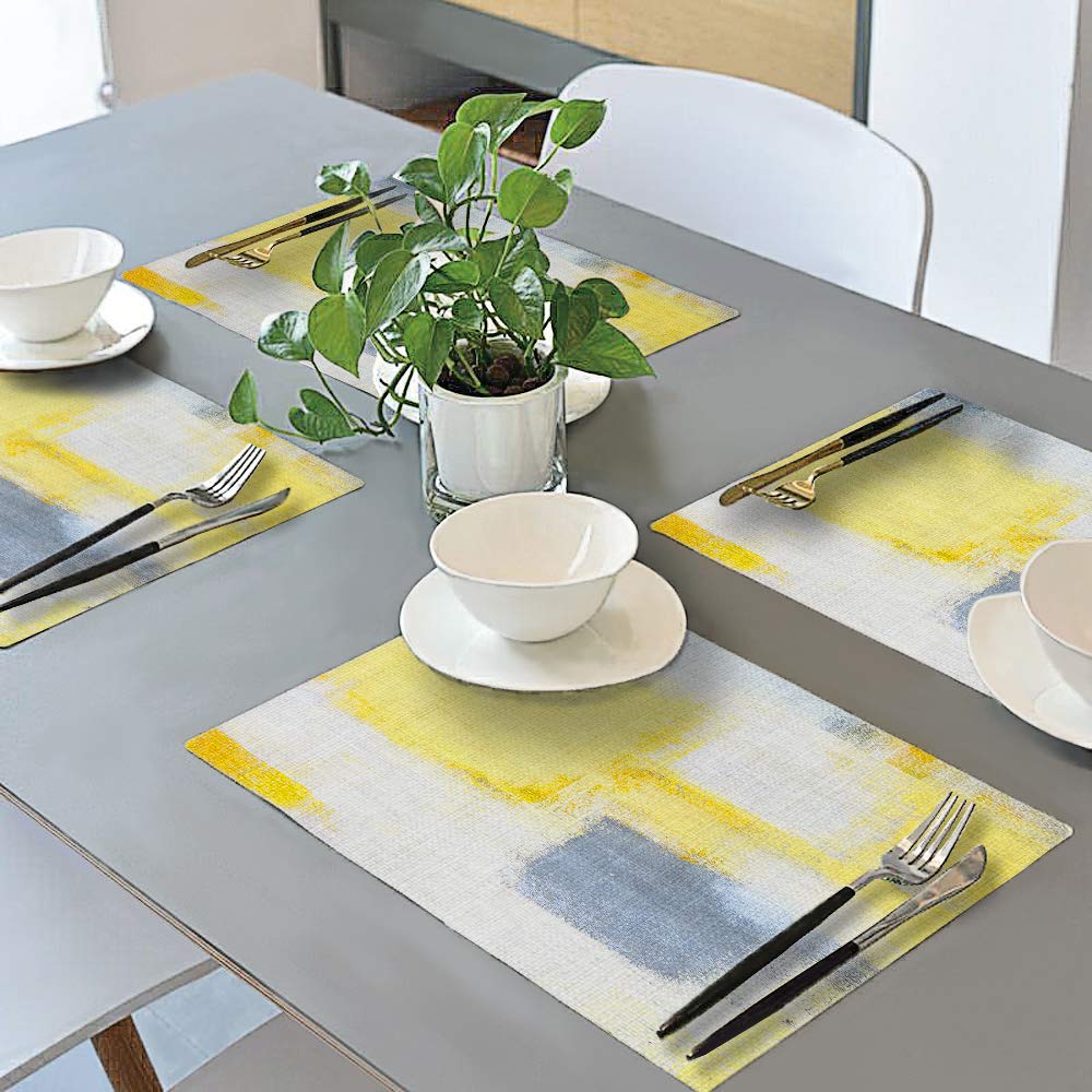 Modern Abstract Art Placemats Set of 4 - Non-Slip Dining Table Mats for Home & Cafe - Yellow Waterproof Placemats for Kitchen, Restaurant, and Party Decor