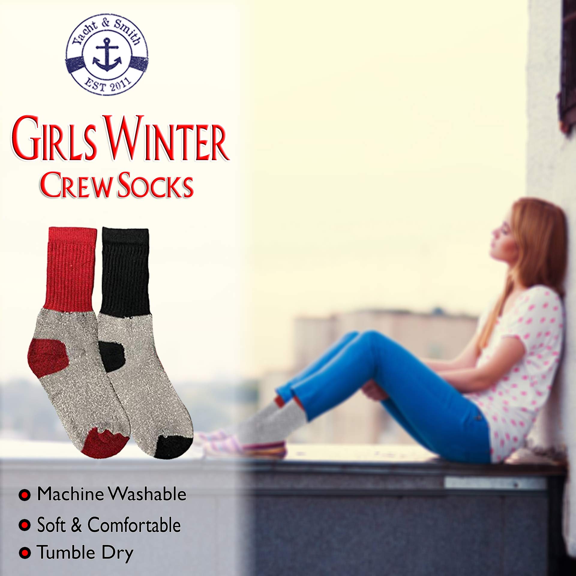 Yacht & Smith Kids Thermal Winter Socks - Soft Cotton Crew Socks for Boys & Girls - Warm & Comfortable Cold Weather Socks for School, Outdoor Activities & Snow Play