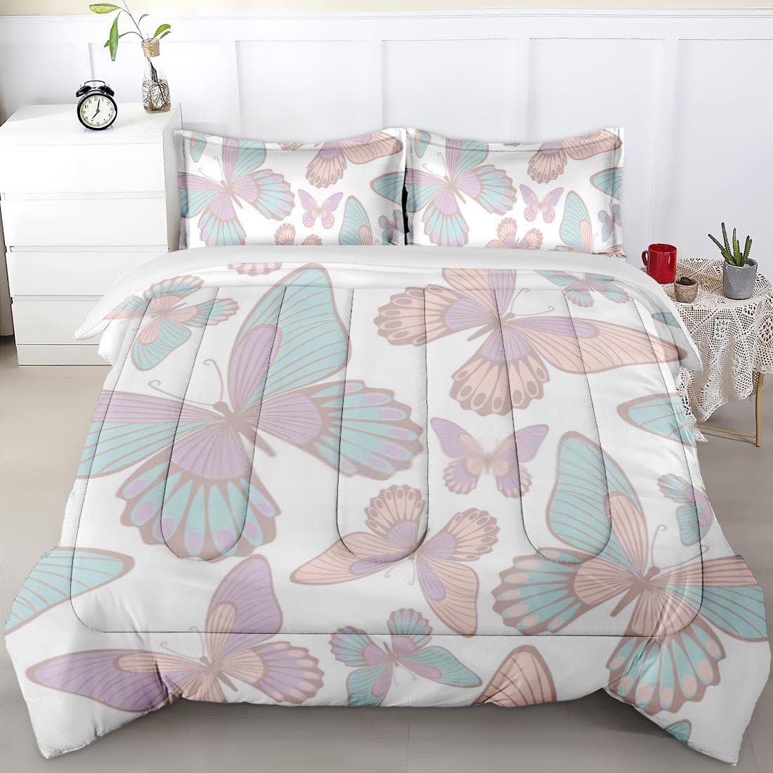 Full Size Comforter Set - Butterfly Design Summer & Spring Bedding for Kids & Adults | Pastel Nature Theme with 2 Pillowcases | Perfect for Bedroom Decor, Guest Rooms & Dorm Essentials
