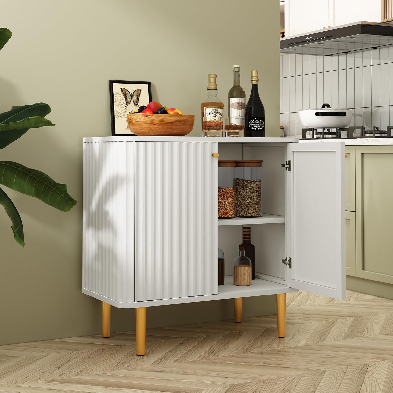 HLR Fluted Sideboard Buffet Cabinet - White Modern 2-Door Storage Credenza for Kitchen, Living Room & Entryway | Perfect for Dining Room Storage, Hallway Decor & Home Organization