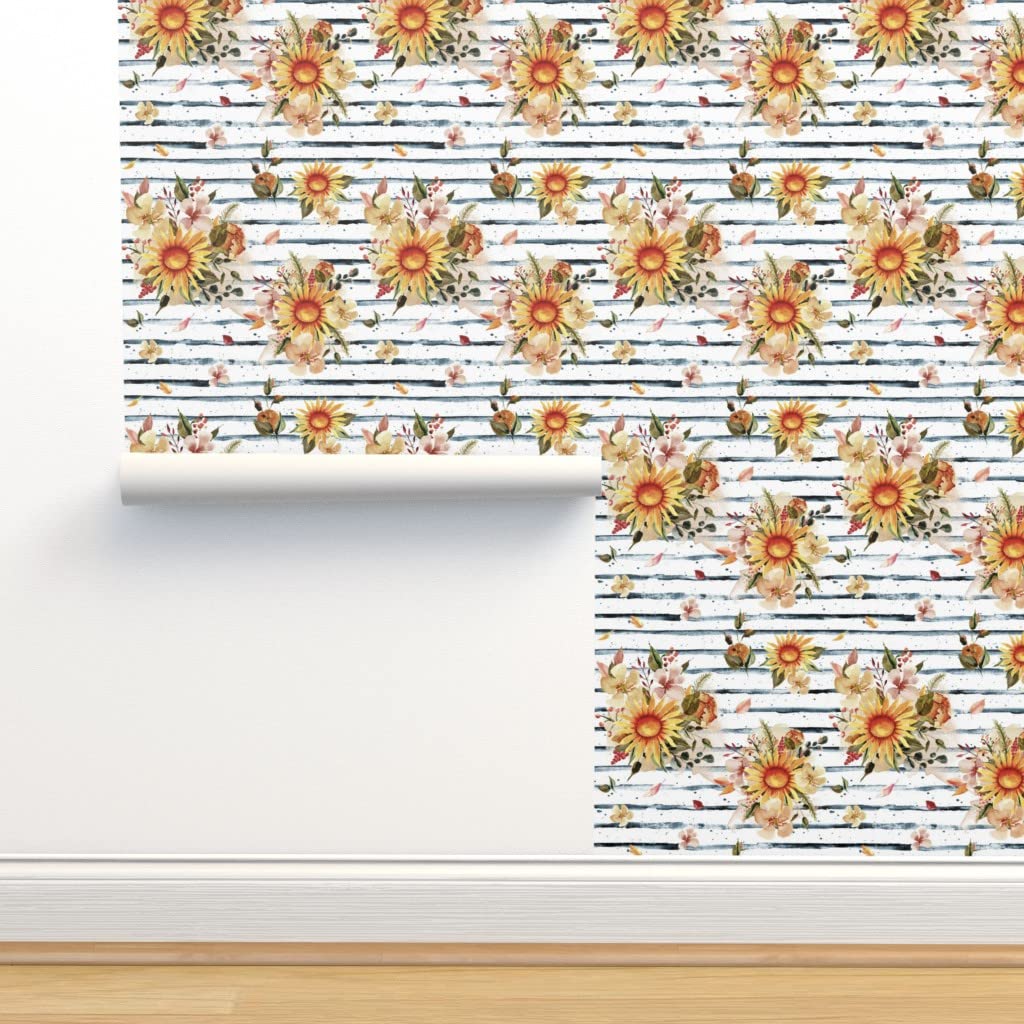 Premium Commercial Grade Wallpaper Swatch - Golden Sunflowers with Blue Stripes Floral Pattern, Orange Autumn Fall Sunflower Garden Traditional Design by Spoonflower | Perfect for Living Room, Bedroom, and Home Decor