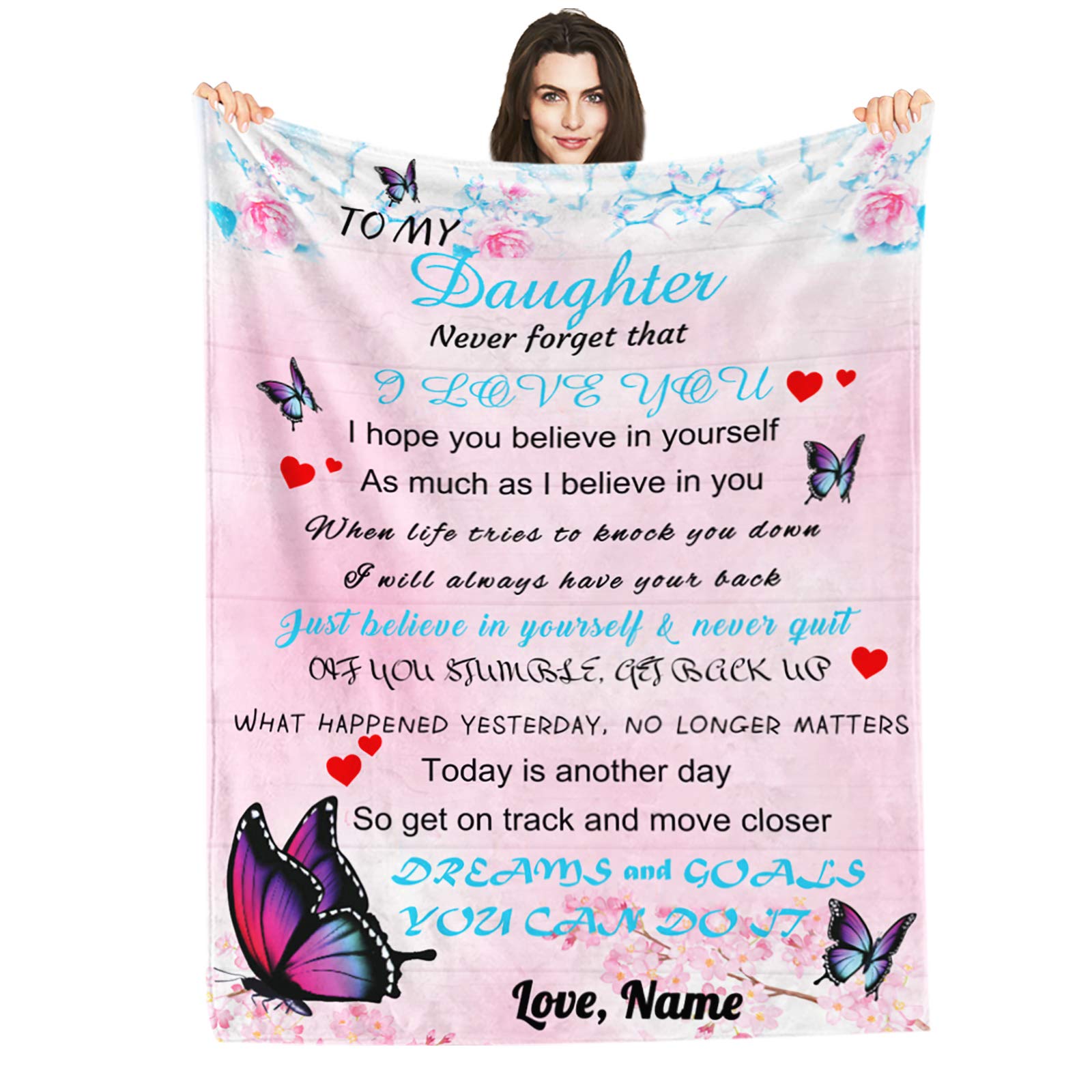 Personalized Custom Name Blanket - Love Letter to My Daughter from Dad & Mom - Butterfly Floral Design - 60x80 Inch Bed Throw - Perfect Gift for Birthday, Christmas & Special Occasions