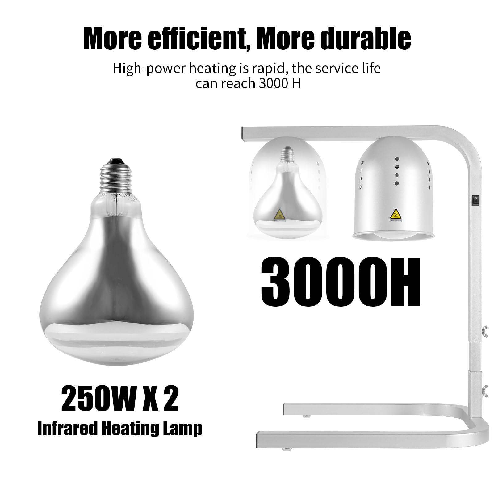 Commercial Food Heat Lamp with Adjustable Height Stand - 2 x 250W Bulbs for Fast & Even Heating | Perfect for Restaurants, Buffets, Bakeries & Home Kitchens | Keep Food Warm for Serving & Display