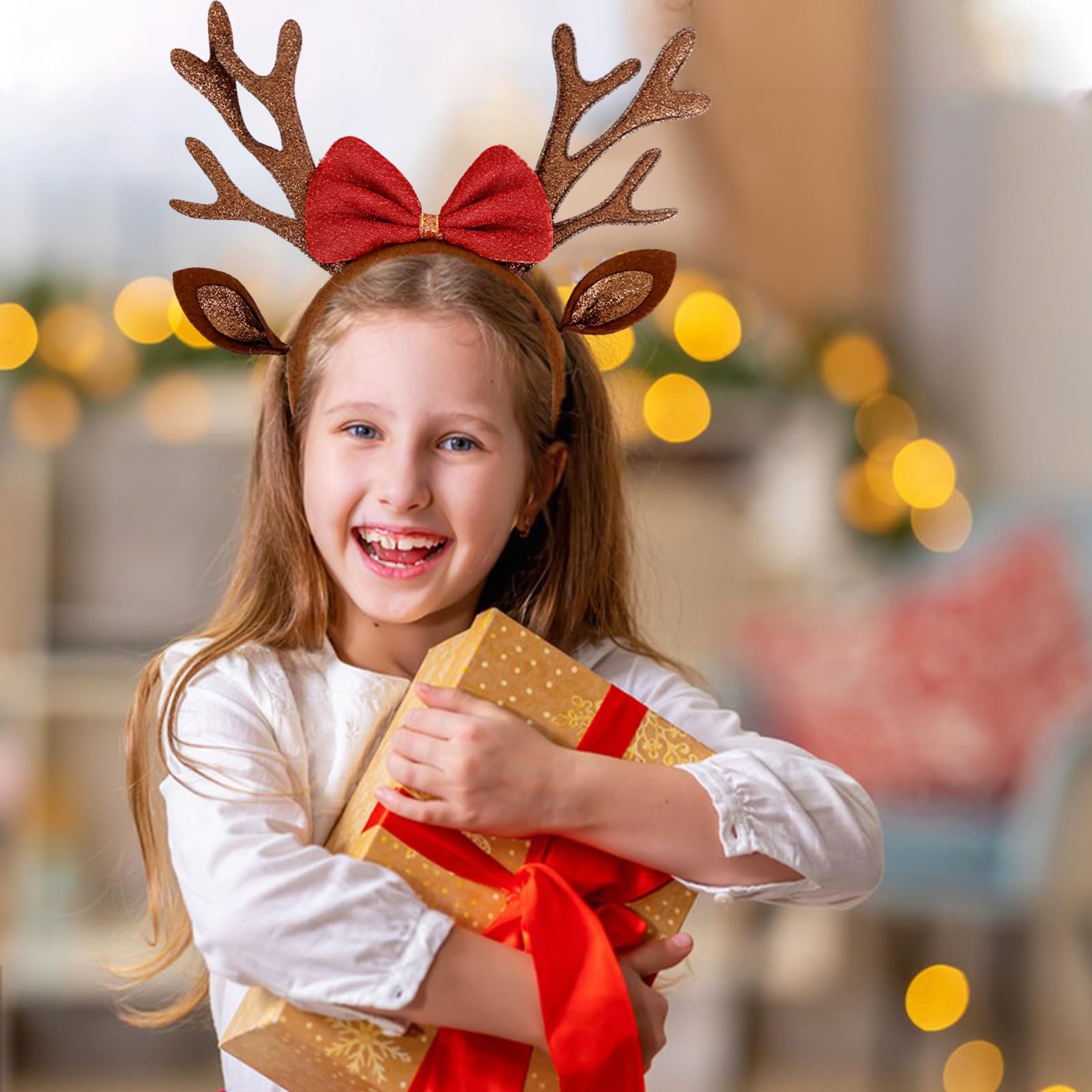 QDTK Brown Reindeer Antlers Headband for Women & Girls - Sparkling Sequined Glitter Deer Ears with Bow Hair Accessories | Christmas Holiday Party Costume, Xmas Photo Props, Festive Outfit Decoration