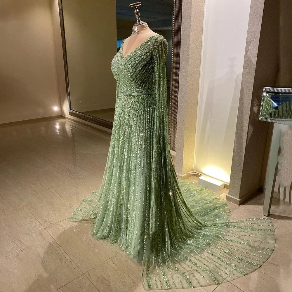 Elegant Beaded A-Line Dubai Evening Gown with Cape Sleeves - Luxury 2025 Celebrity Party Dress for Women - Perfect for Red Carpet Events, Galas, and Formal Occasions