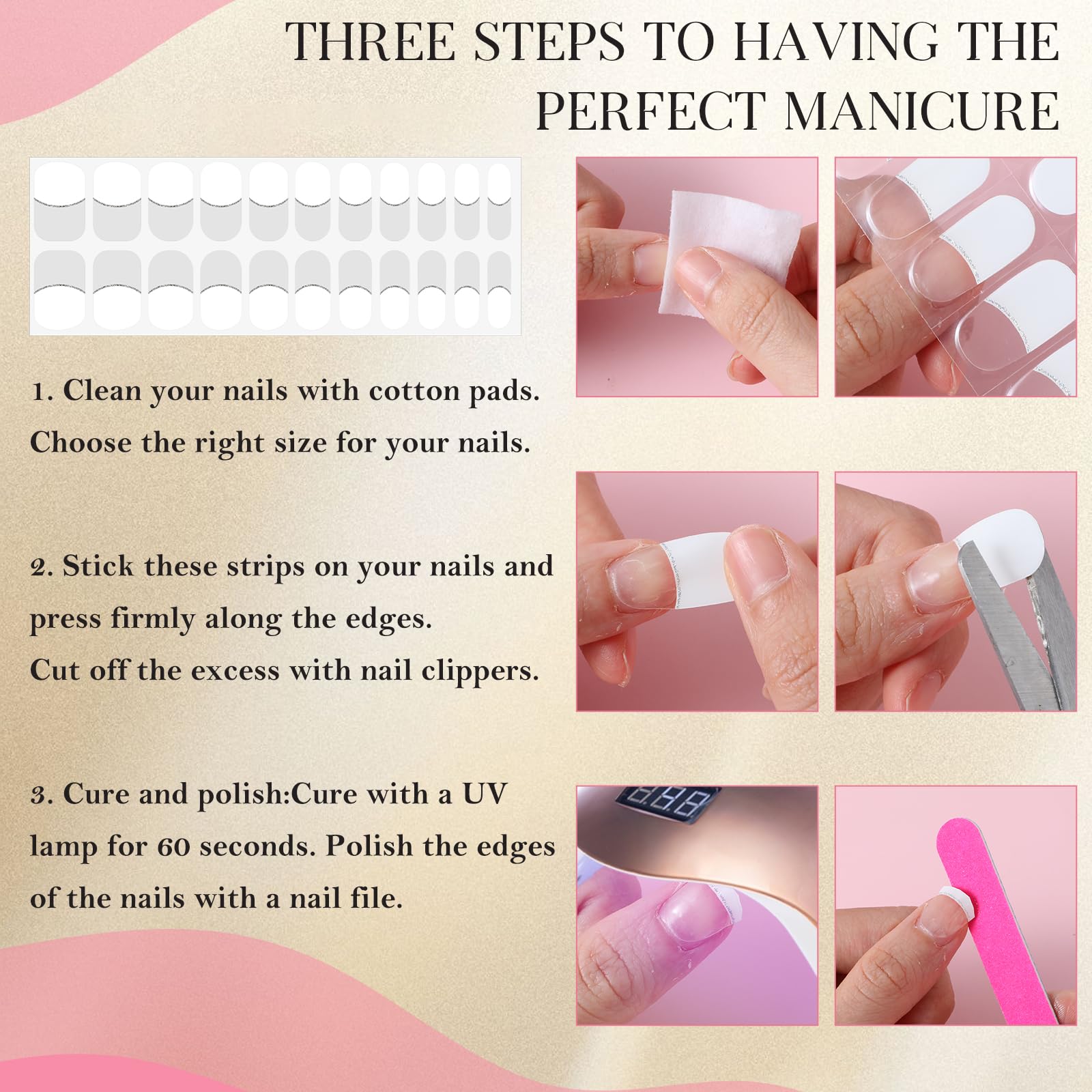 20 Pcs Semi Cured Gel Nail Strips French White Tip with Clear Base - DIY UV Gel Nail Stickers for Home & Salon Manicure - Perfect for Nail Art, Parties, Weddings & Everyday Wear