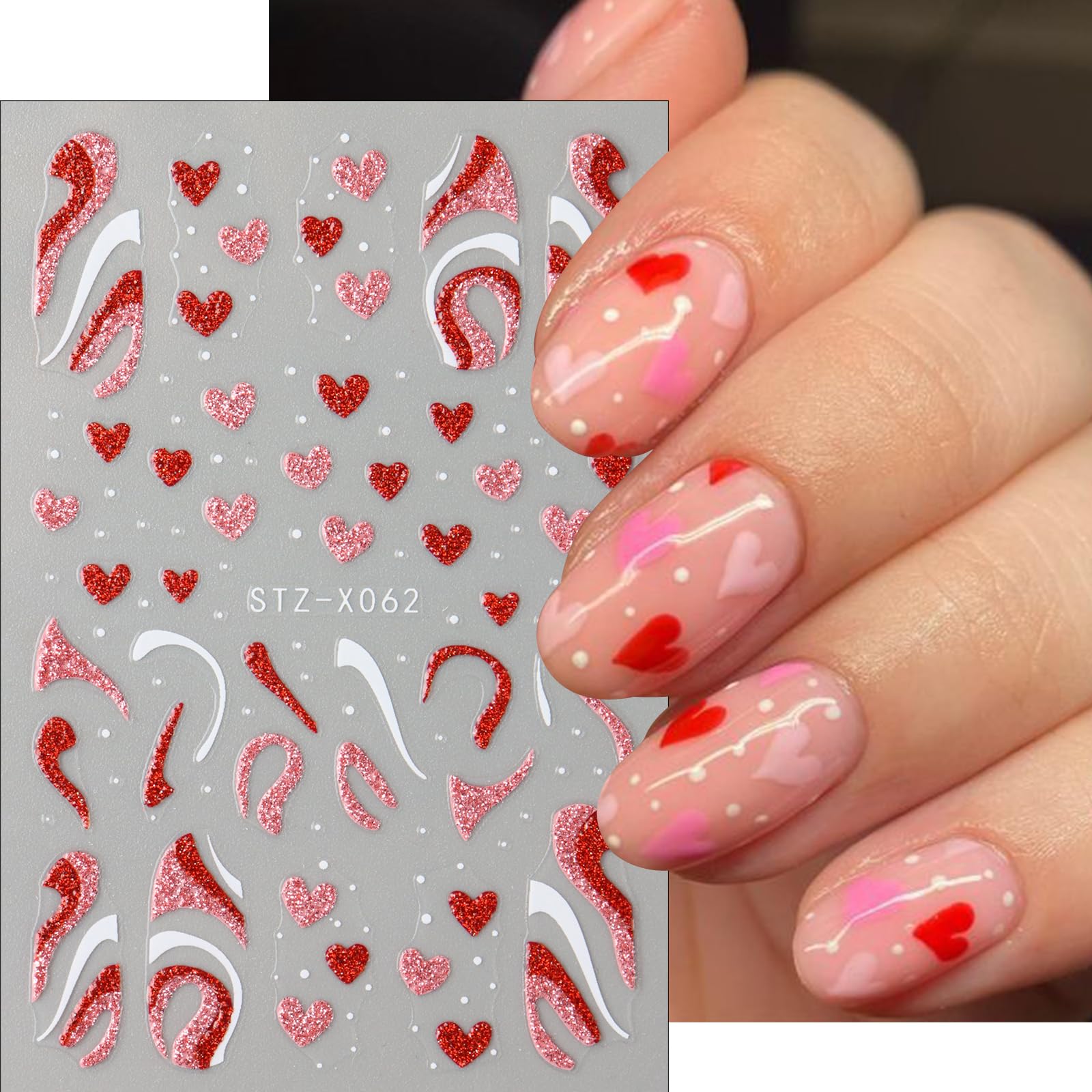 Valentine's Red Heart Nail Stickers - 6 Sheets 3D Nail Art for Women & Girls