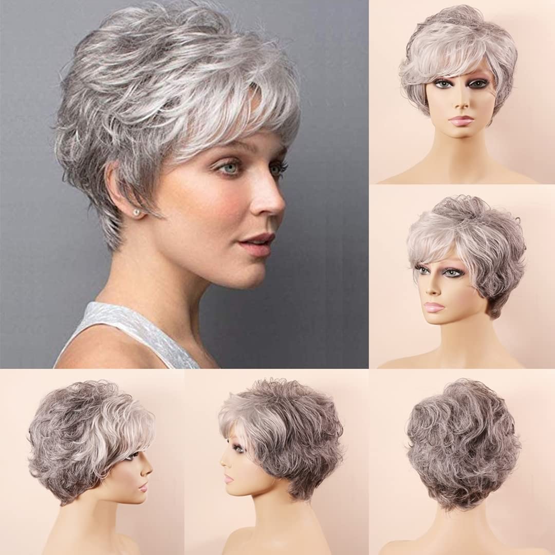 Short Grey Women's Pixie Cut Wig with Softly Swept Bangs - Synthetic Grey Curly Wig for Everyday Wear & Cosplay (Grey)