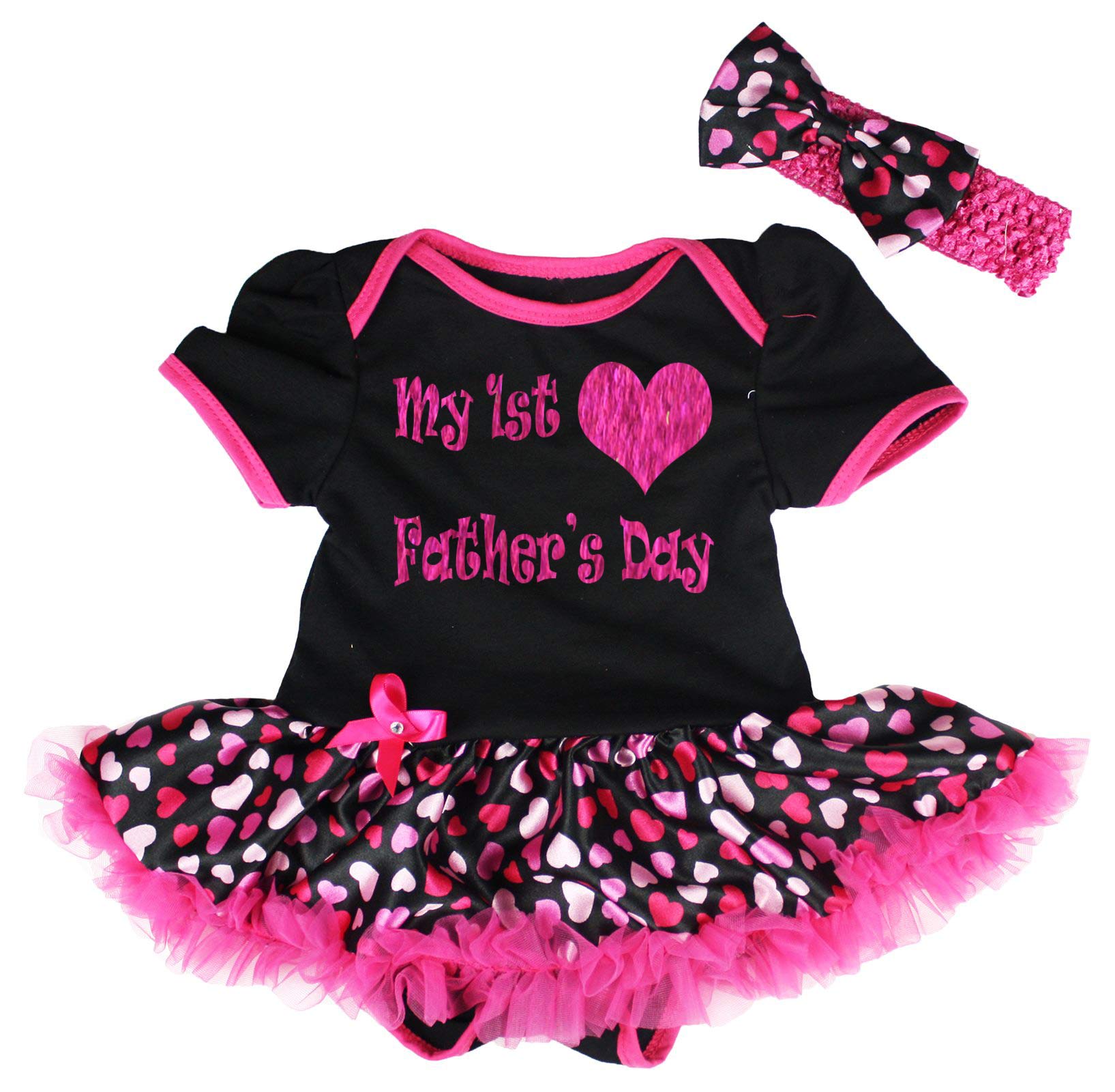 Petitebella My 1st Father's Day Black Bodysuit with Hot Pink Hearts - Baby Girl Dress Newborn to 18 Months - Perfect for Father's Day Photos & Special Occasions