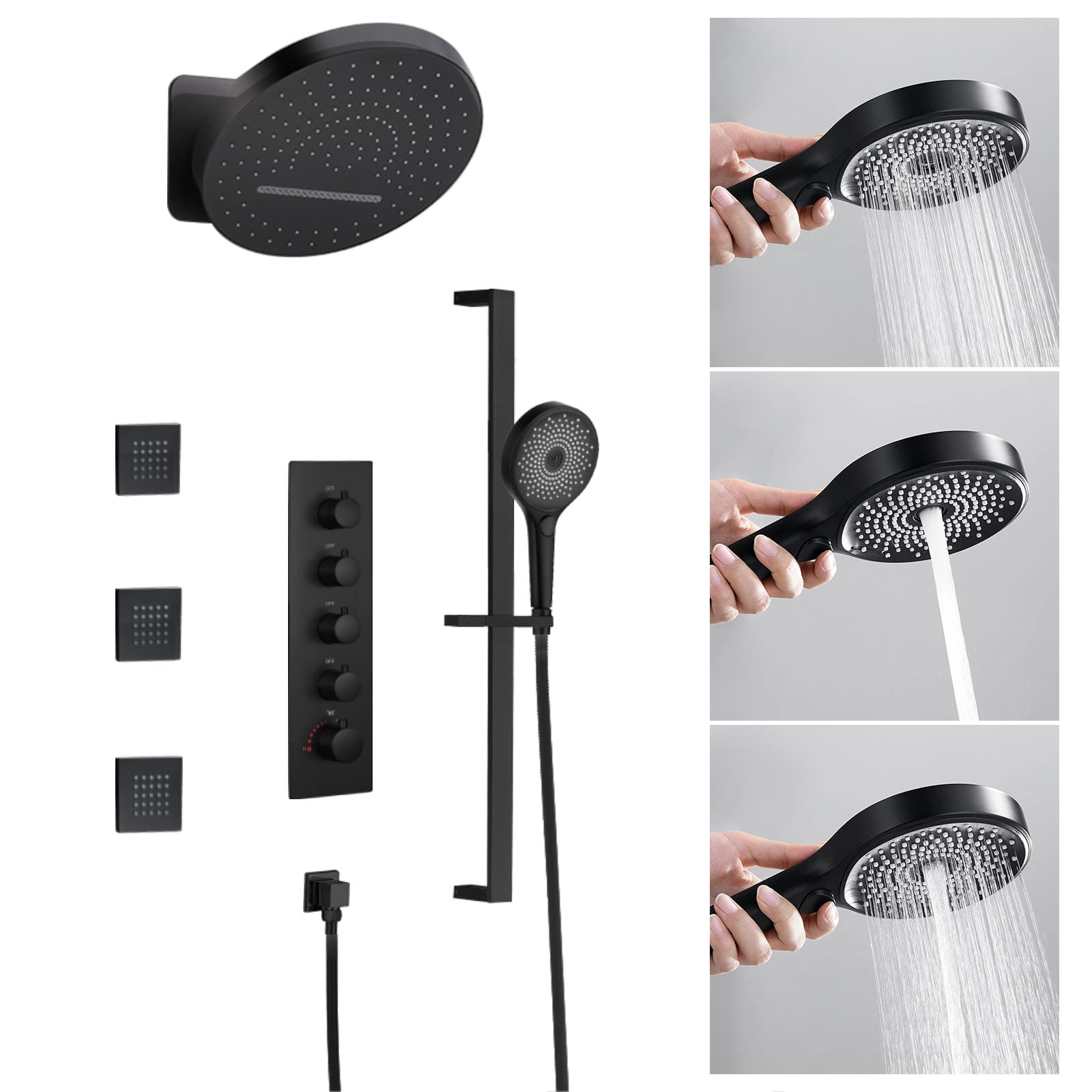 Thermostatic Shower System Set - 4 Function Mixer Tap Valve with Rainfall Shower Head, Handheld Spray & 3 Body Jets - Wall Mounted Complete Combo with Slide Bar for Luxurious Bathroom Experience - Perfect for Master Bath, Spa Retreat & Modern Home Renovation