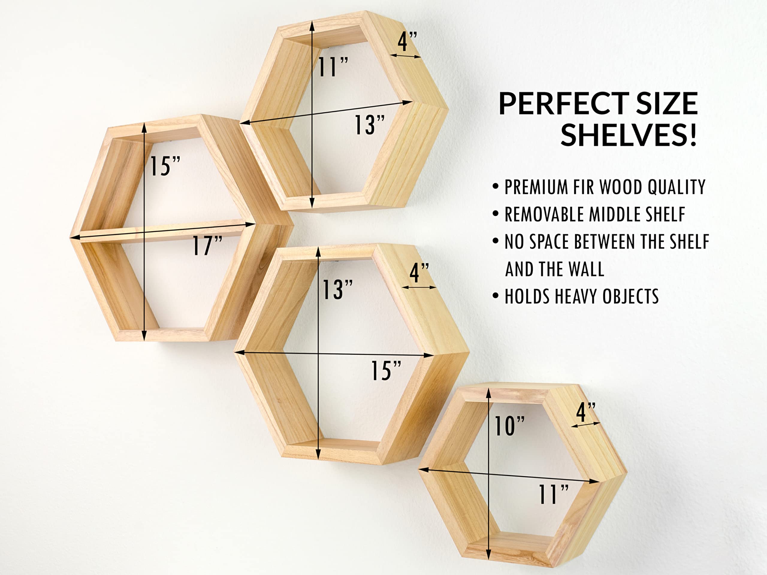 Hexagon Floating Shelves Set of 4 - Natural Wood Honeycomb Wall Shelves for Home Decor - Geometric Hexagonal Shelves for Living Room, Bedroom & Office Organization