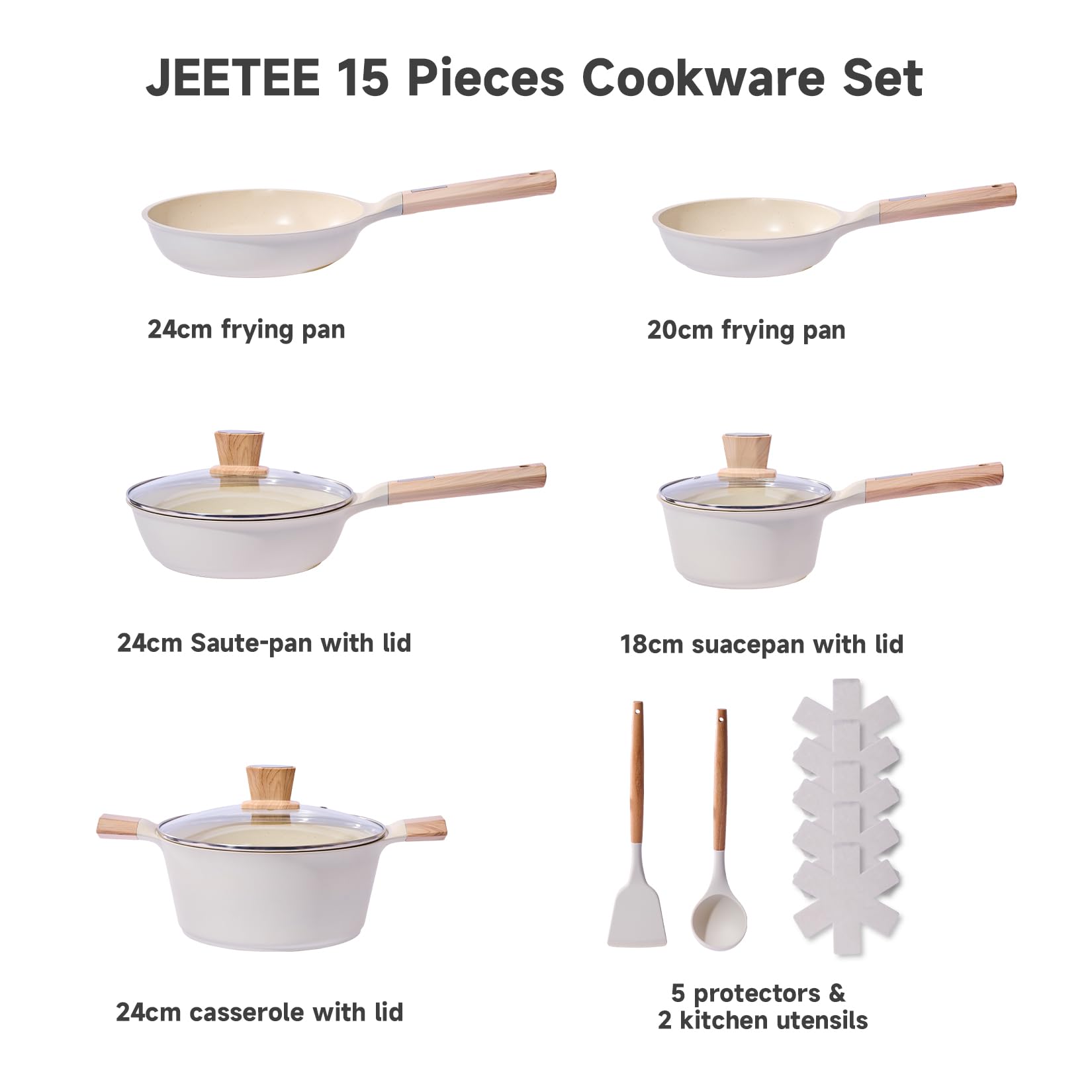 JEETEE 15-Piece Non-Stick Granite Induction Cookware Set - PFOA & PFOS Free - Perfect for Gas, Electric & Induction Stoves - Ideal for Frying, Sautéing & Everyday Cooking
